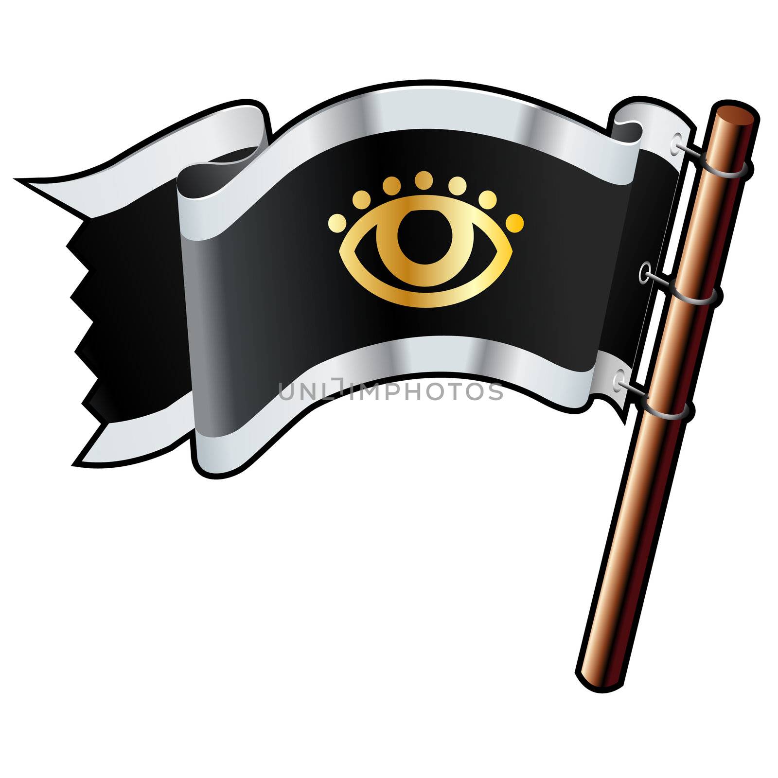 Eye or look icon on black, silver, and gold vector flag good for use on websites, in print, or on promotional materials