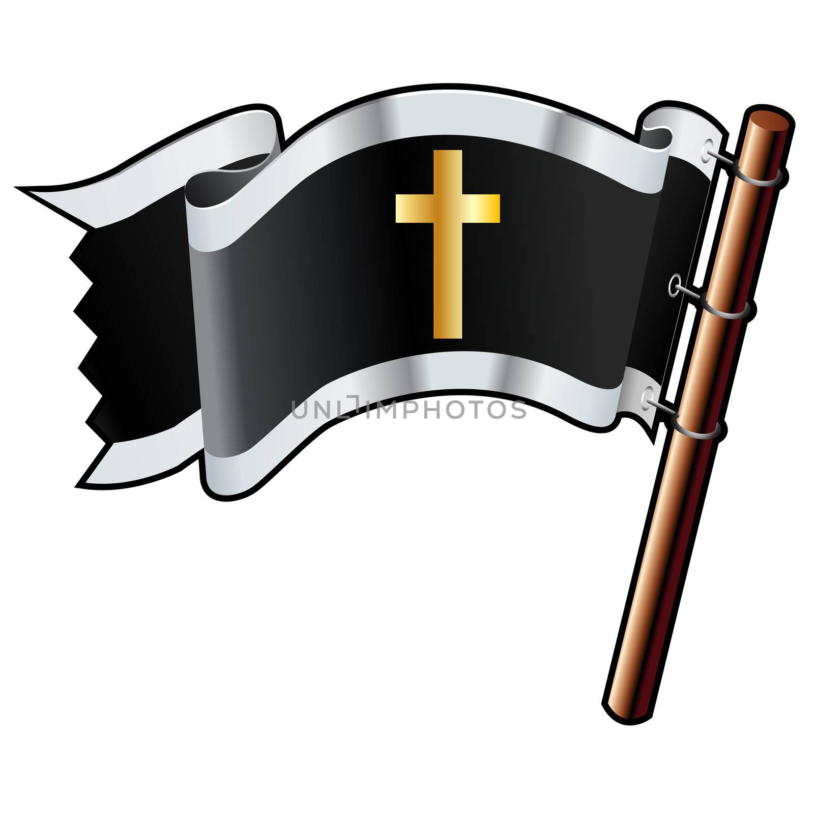 Christian cross religious icon on black, silver, and gold vector flag good for use on websites, in print, or on promotional materials