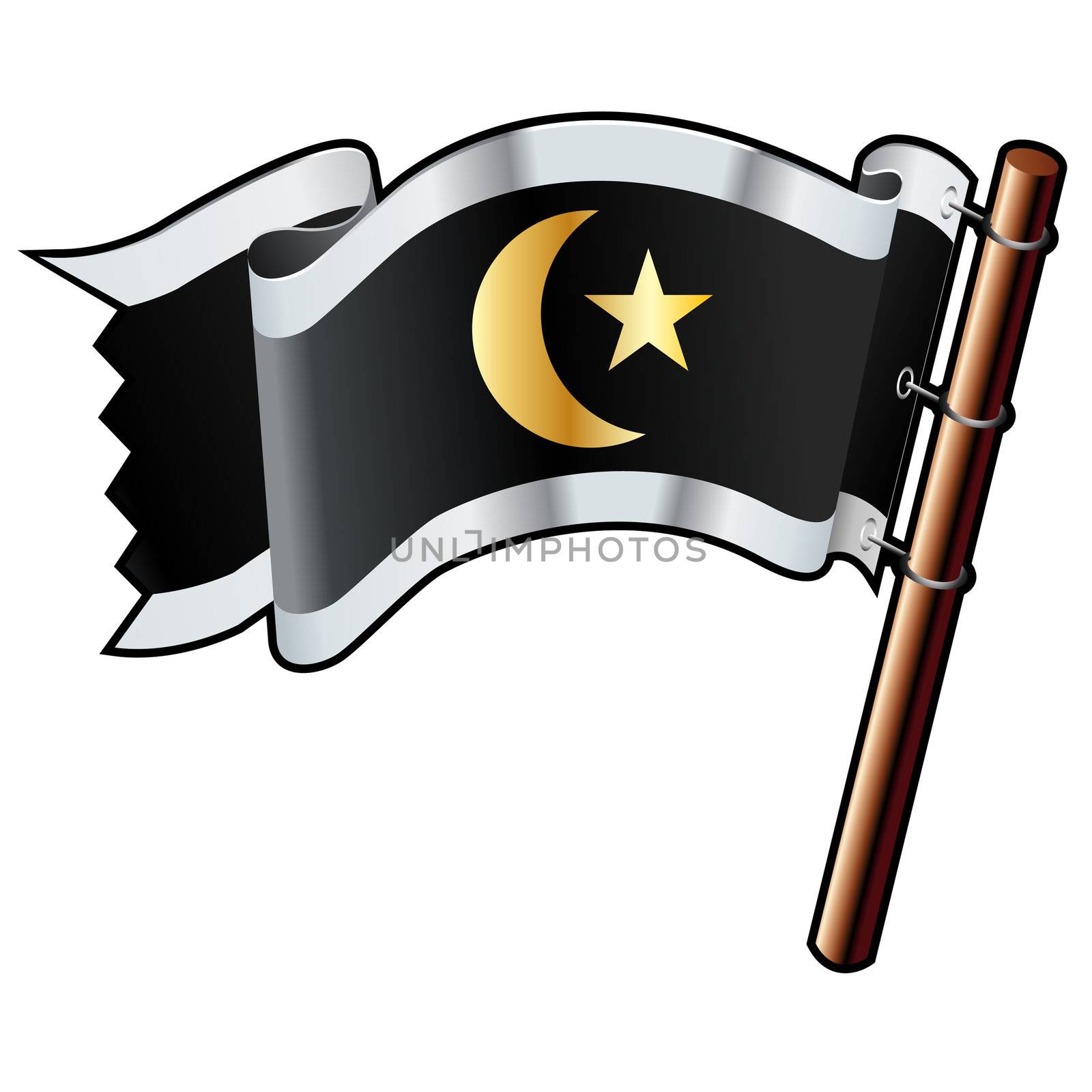Islamic crescent and star religious on black, silver, and gold vector flag good for use on websites, in print, or on promotional materials
