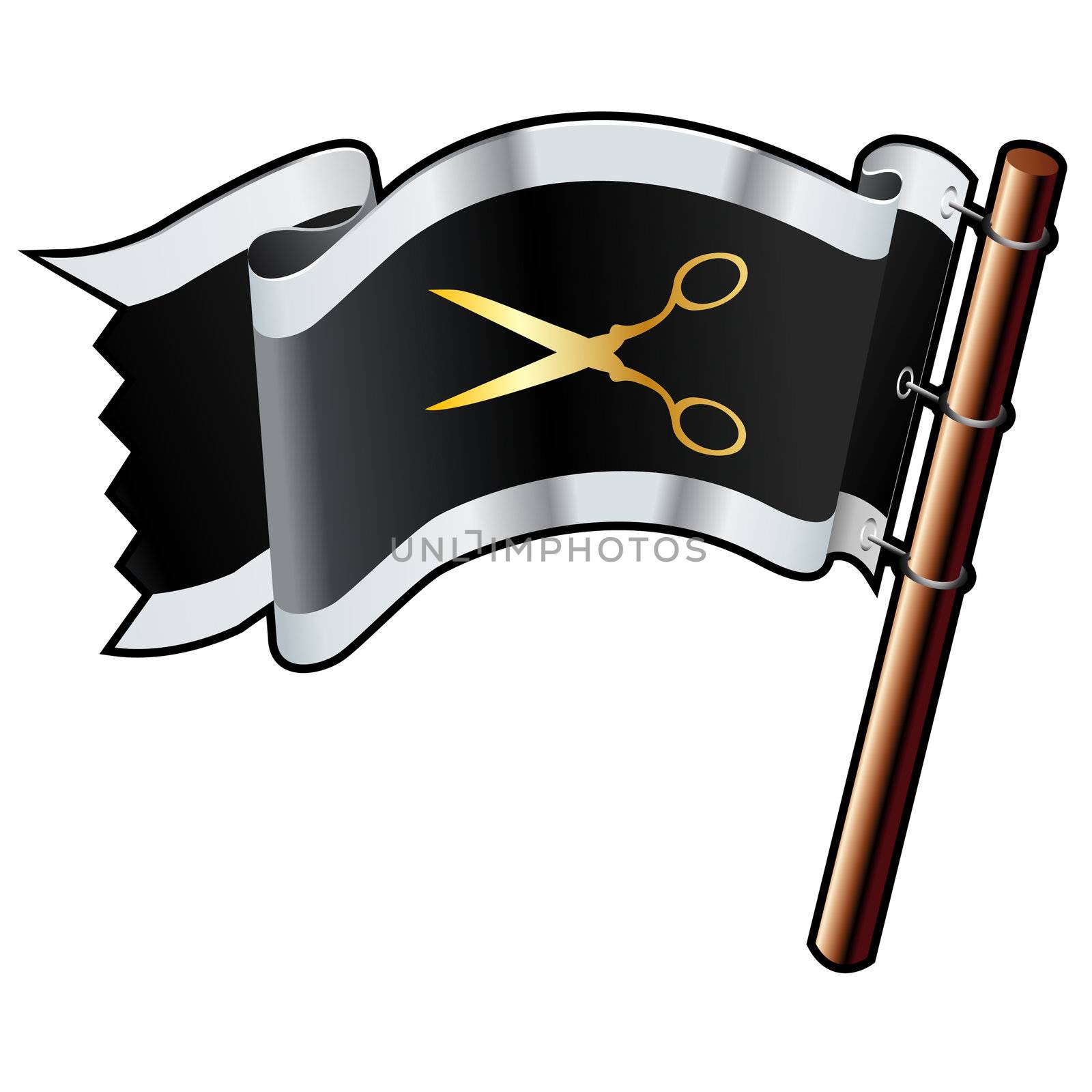 Scissors or DIY icon on black, silver, and gold vector flag good for use on websites, in print, or on promotional materials