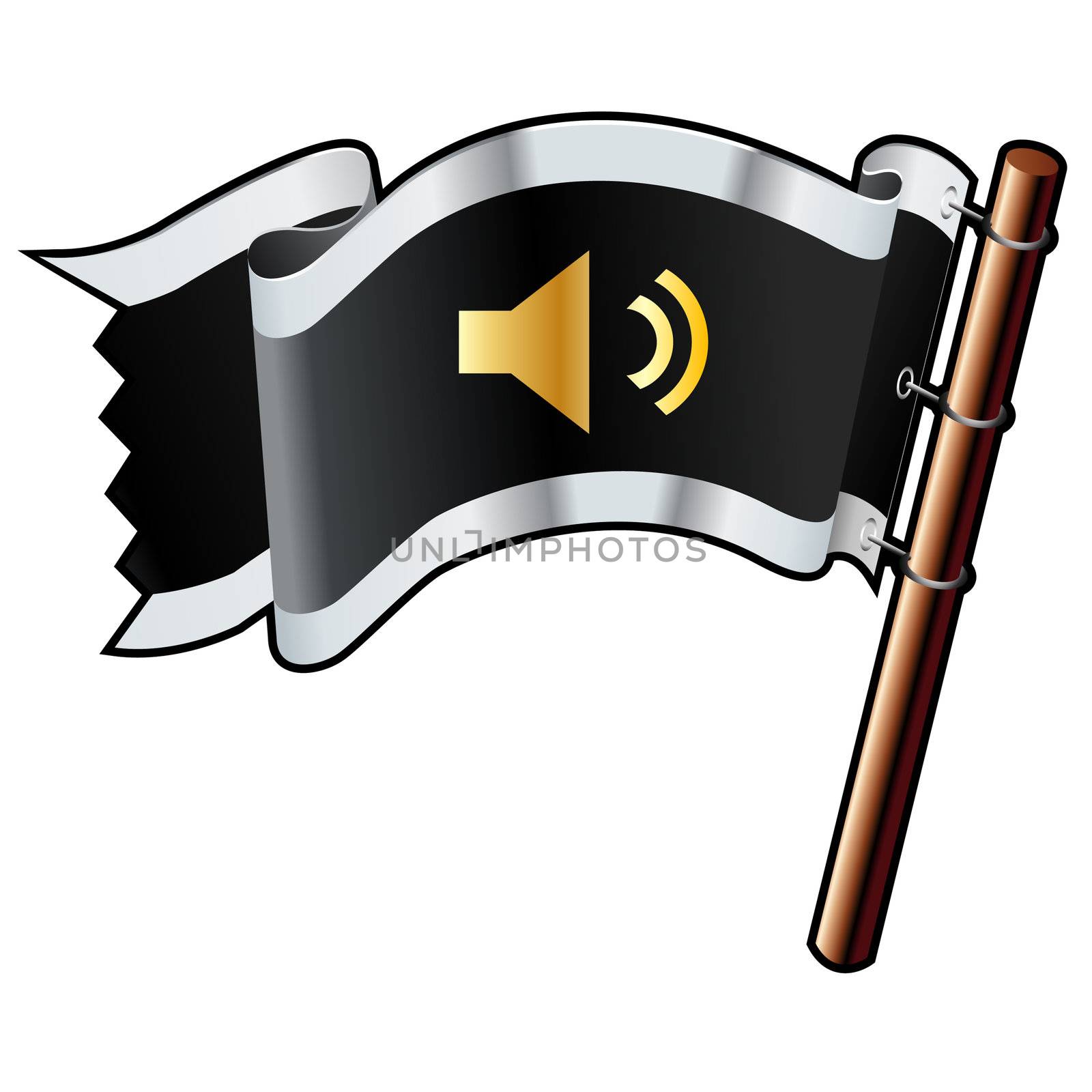 Mute or volume control media player icon on black, silver, and gold vector flag good for use on websites, in print, or on promotional materials