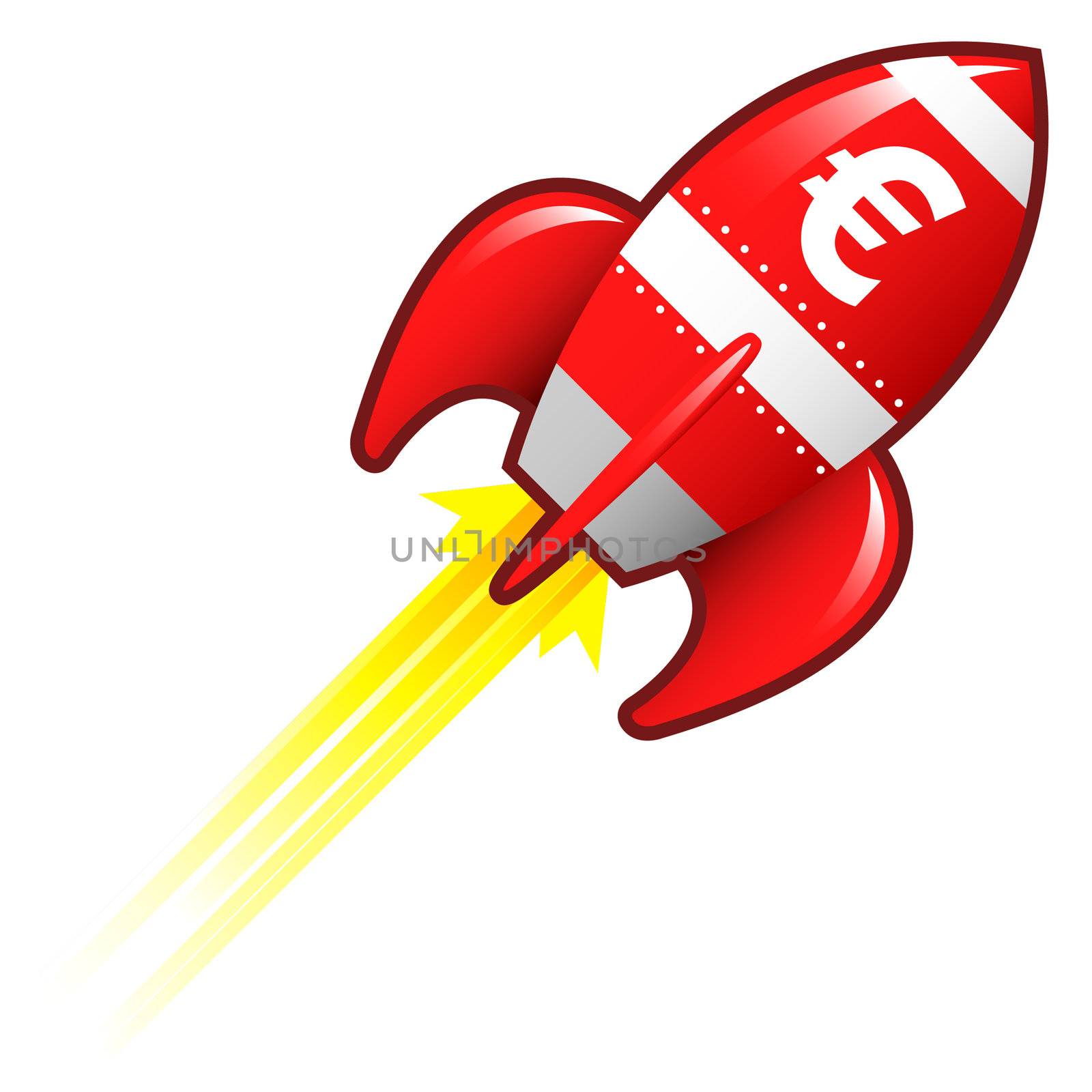 Euro currency symbol on red retro rocket ship illustration good for use as a button, in print materials, or in advertisements.