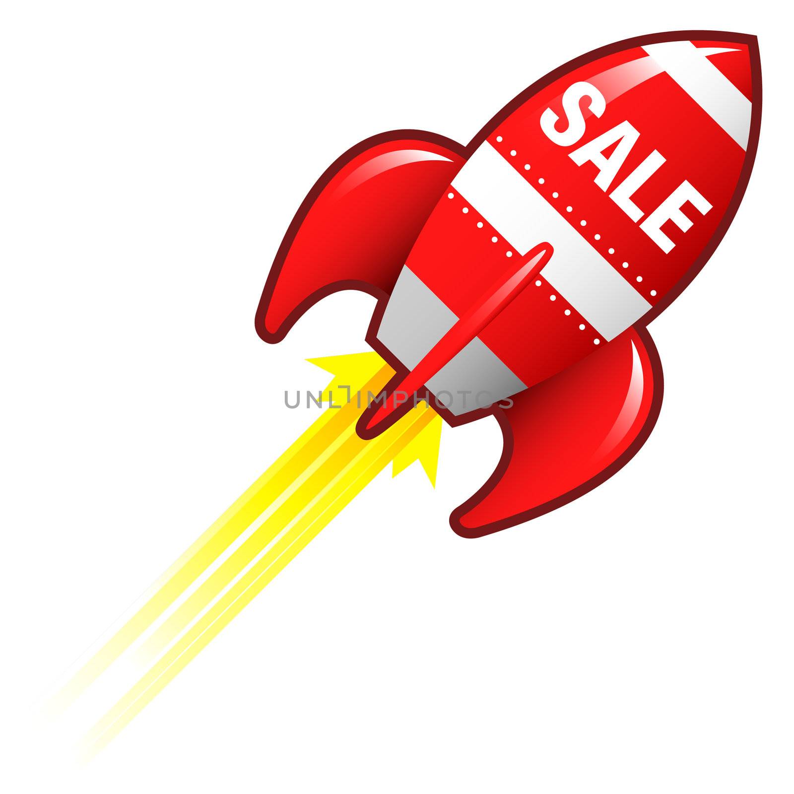 Sale e-commerce icon on red retro rocket ship illustration good for use as a button, in print materials, or in advertisements.