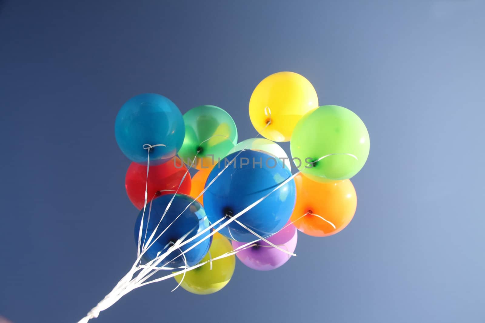 Colorful balloons in a bright blue sky