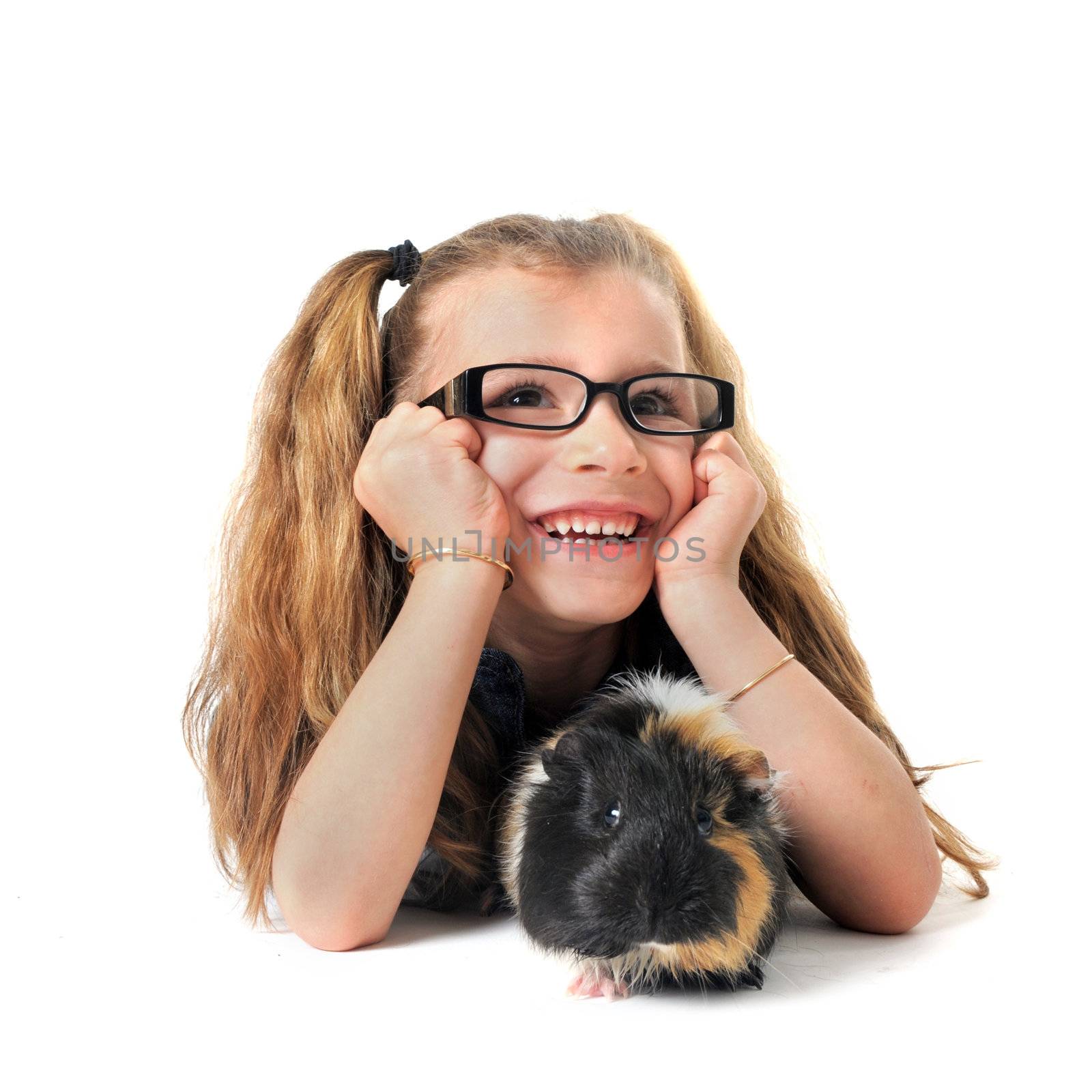 portrait of a laughing little girl and guinea pig in front of white background