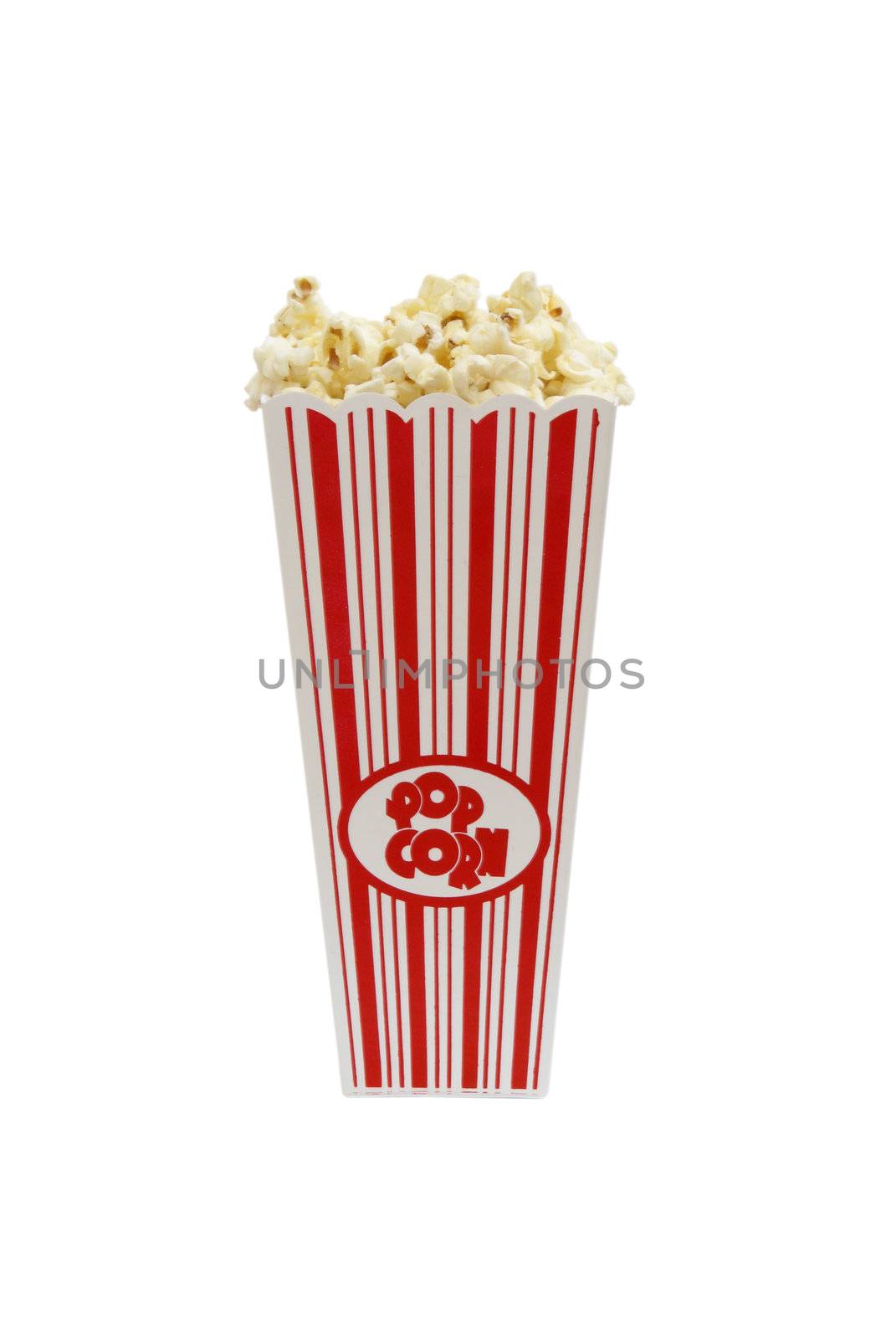 A small bucket of popcorn, isolated on white background.