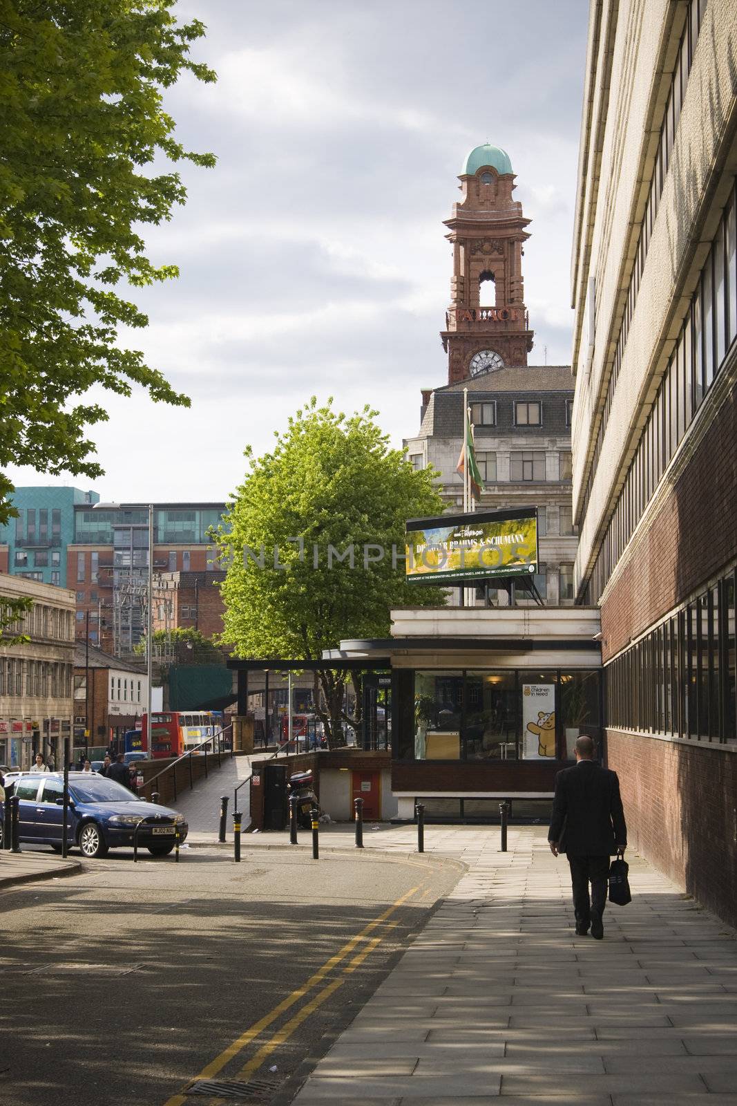 View of the BBC entrance and the Palace hotel tower on Oxford Road in manchester