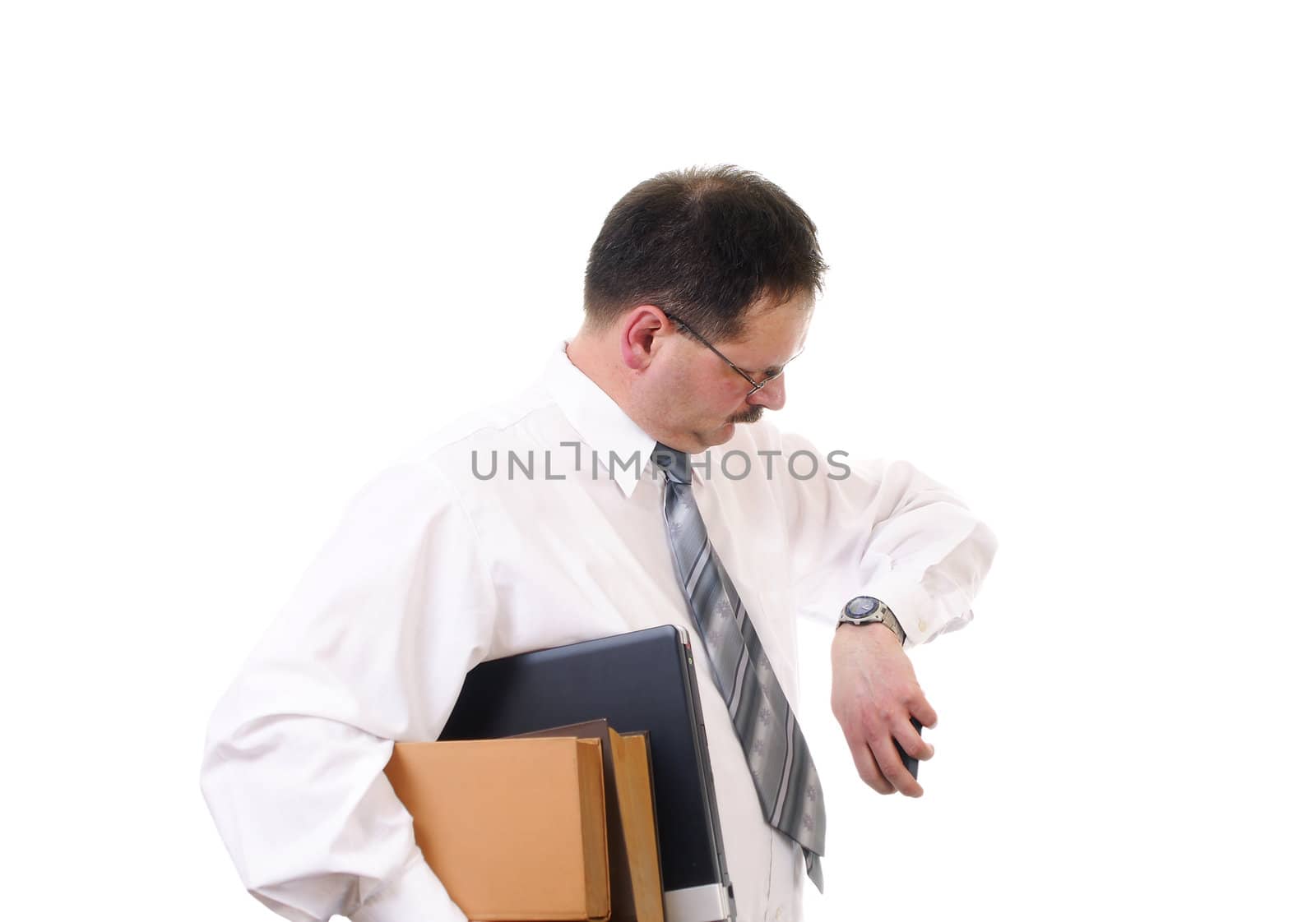 Businessman with laptop and books wait on isolated on white