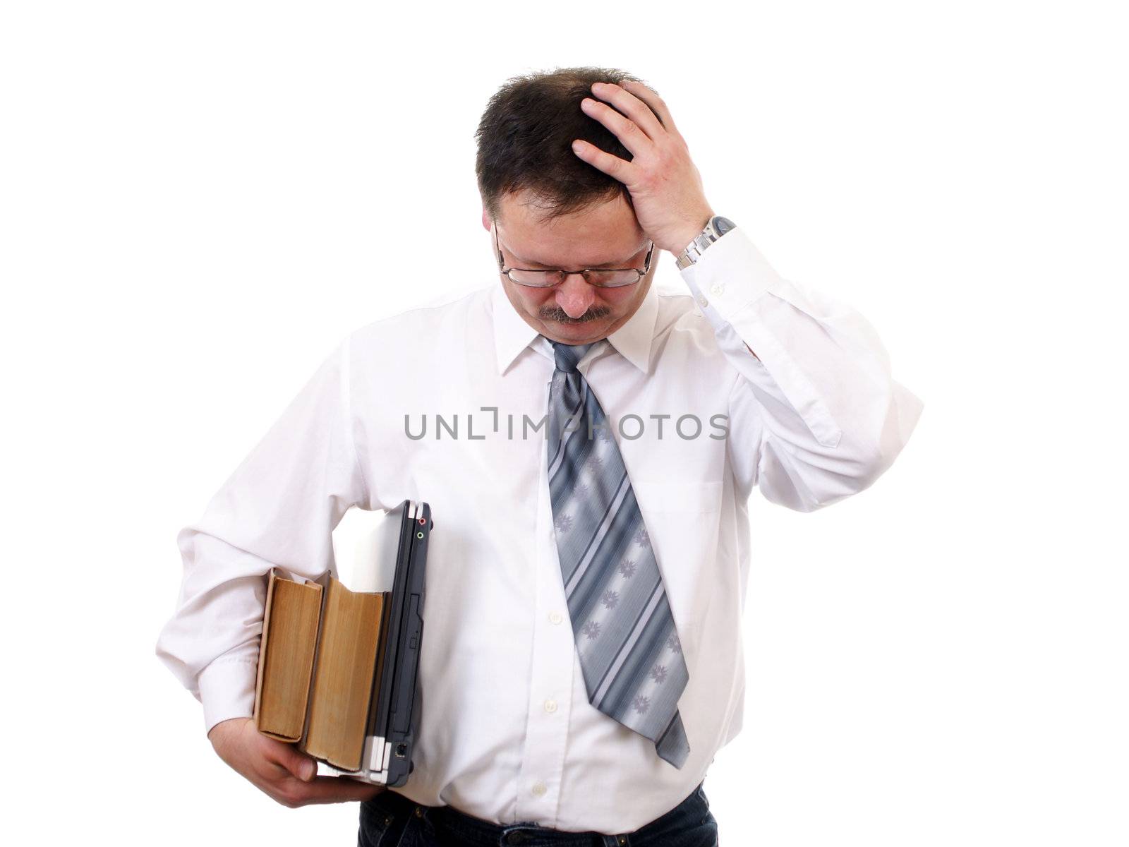 Businessman with laptop and book keep on his head isolated on white