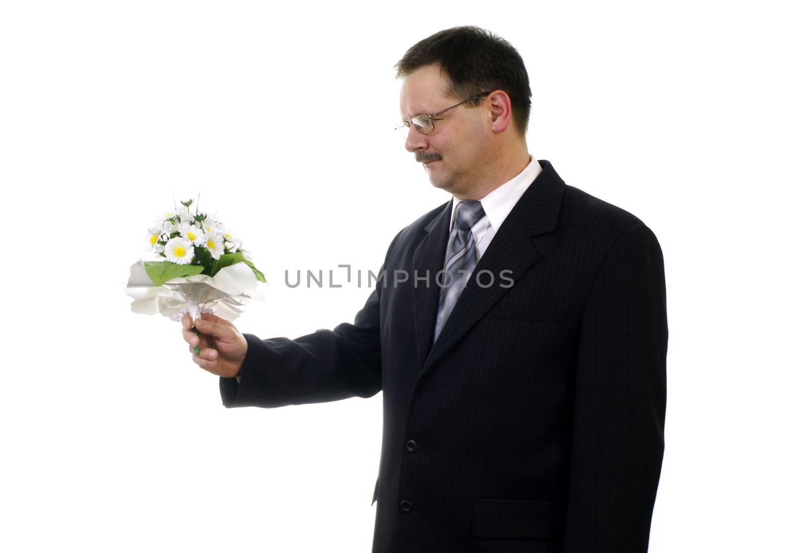 Man hand ower white flowers isolated on white background