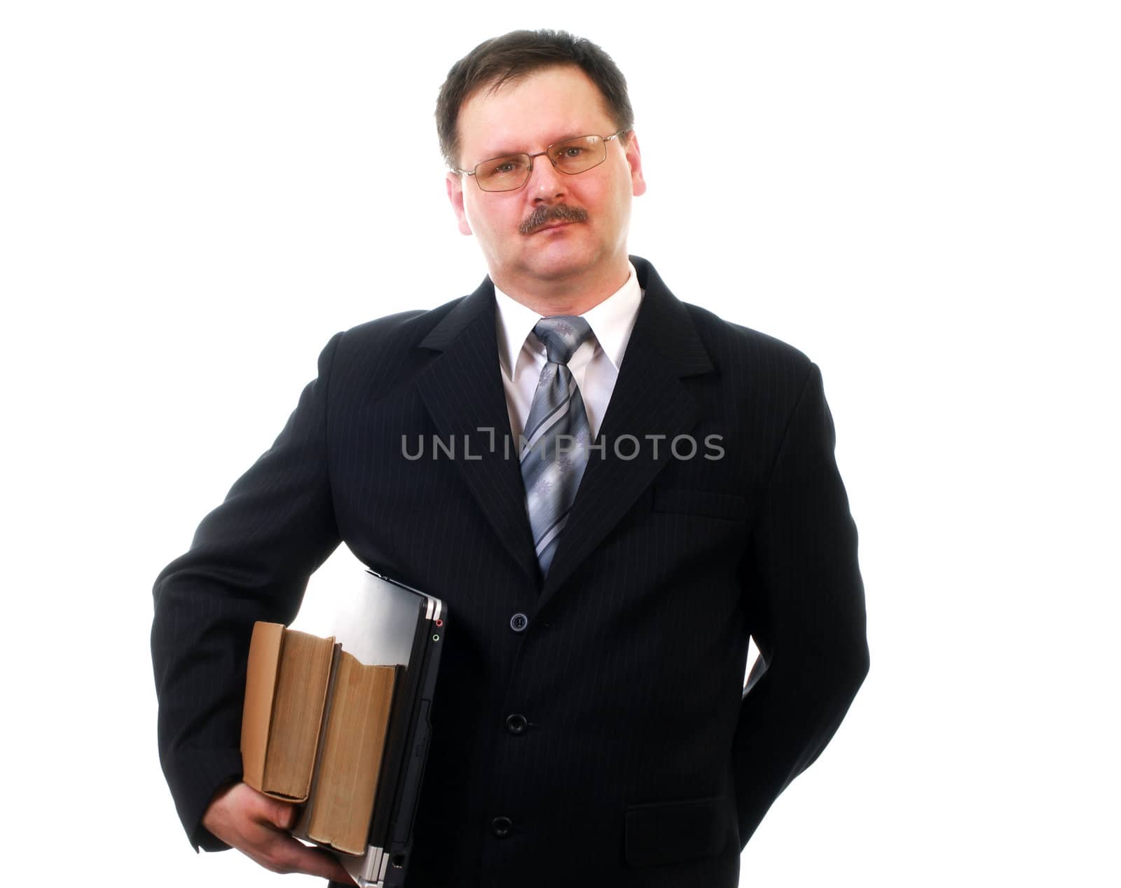 Businessman with laptop and books wait on isolated on white
