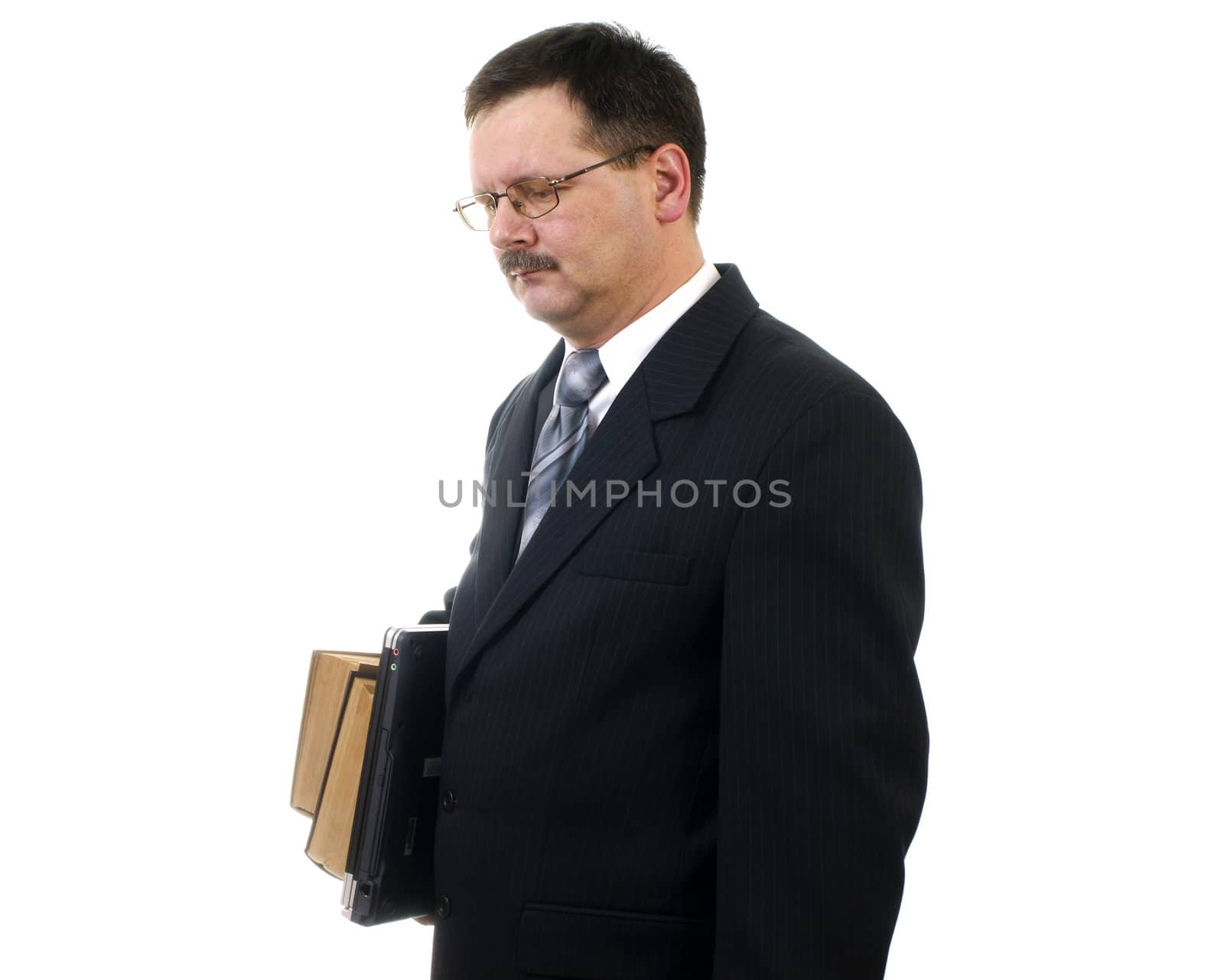 Businessman with laptop and books wait on isolated on white