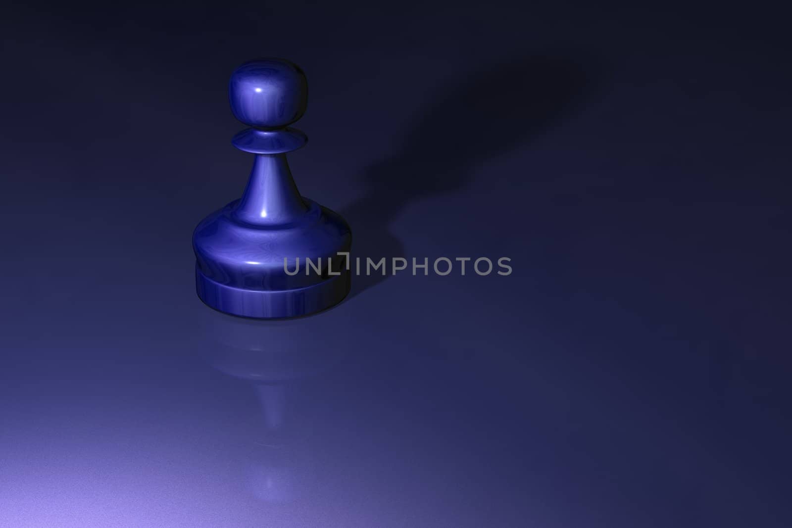 A metalic chess piece (pawn) on a shiny table top.