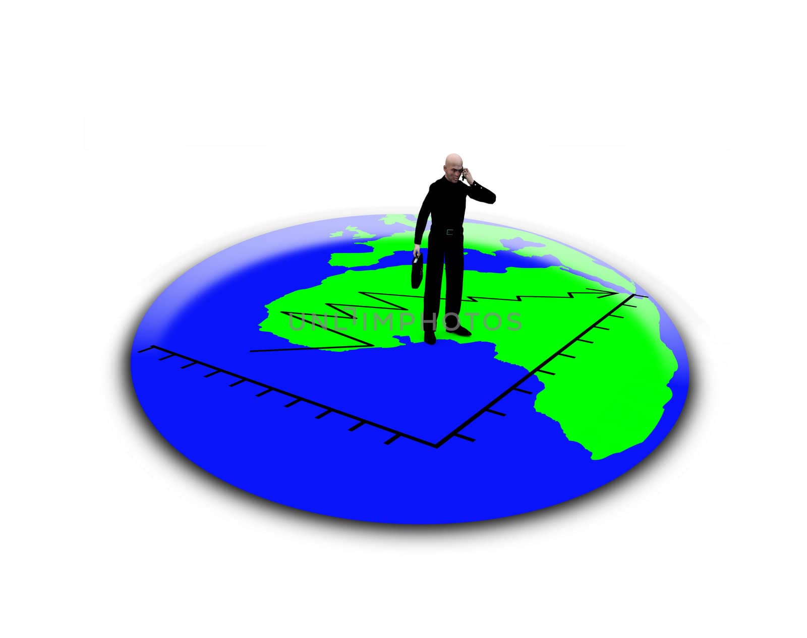 Concept image of a businessman and graph standing on the Earth.