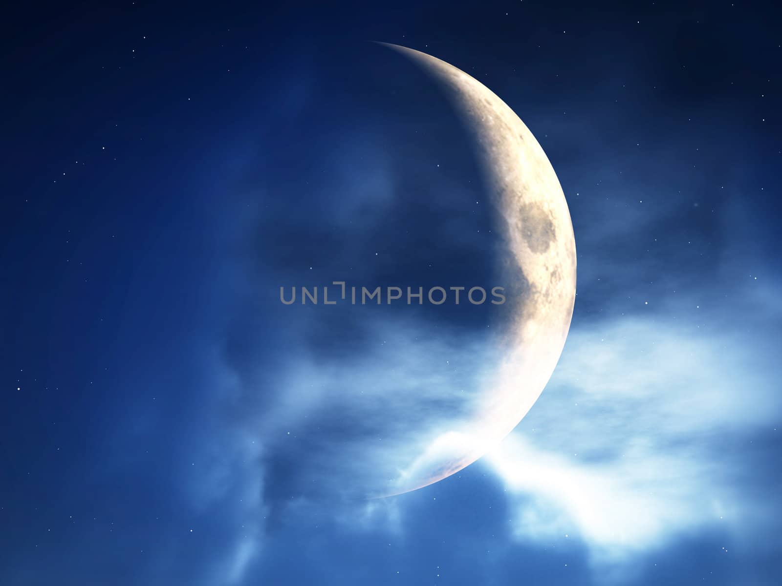A crescent moon in a cloudy night time sky.