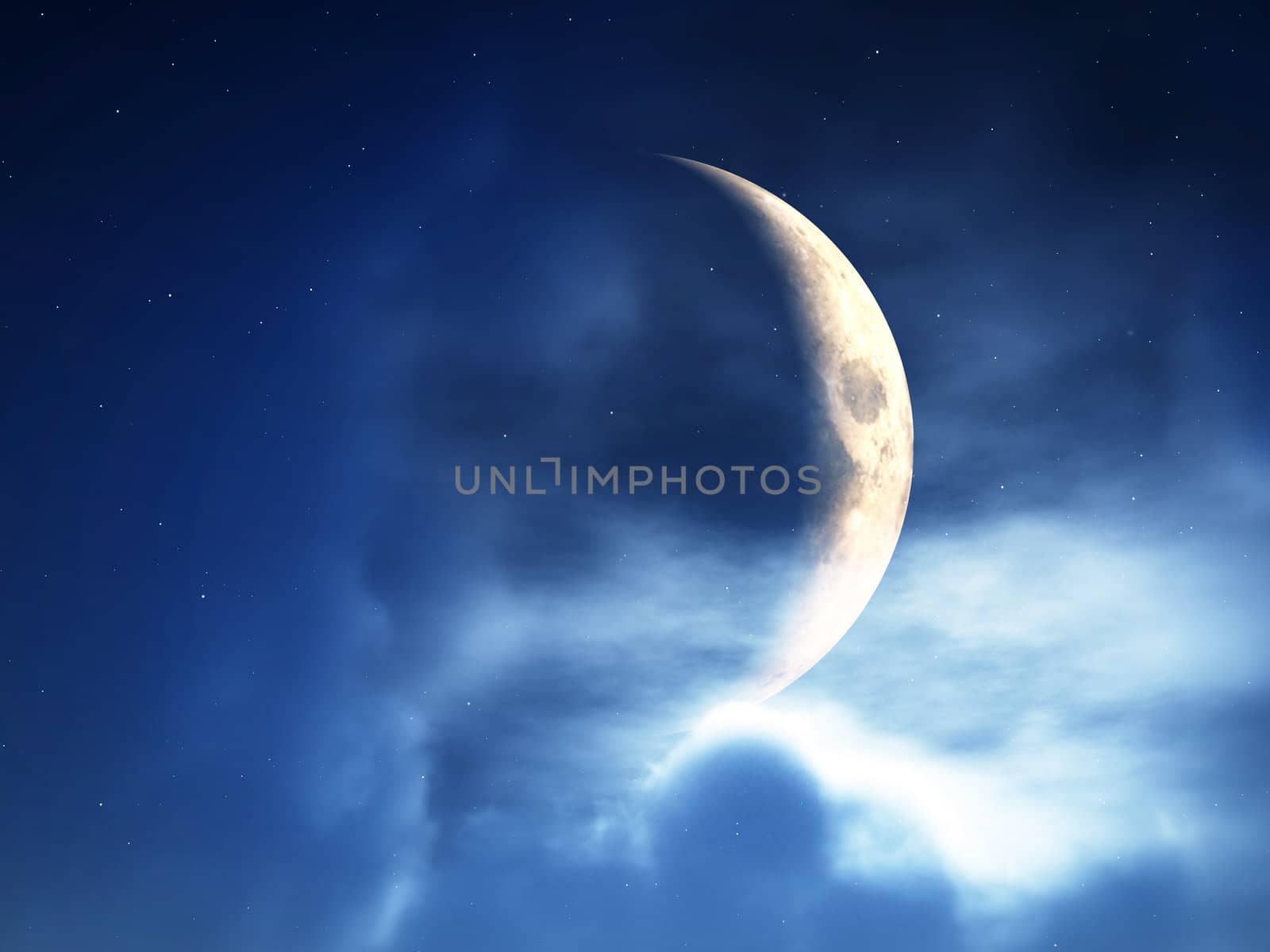 A crescent moon in a cloudy night time sky.