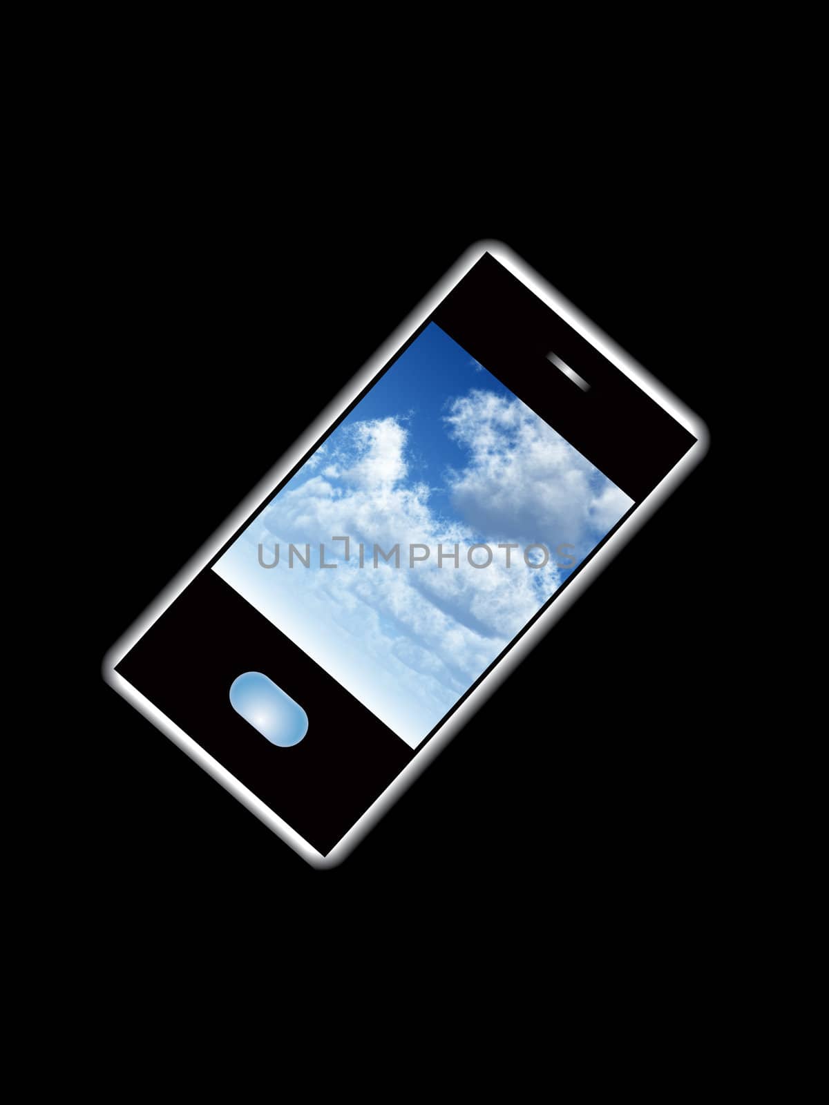 A mobile phone with a cloud screensaver.
