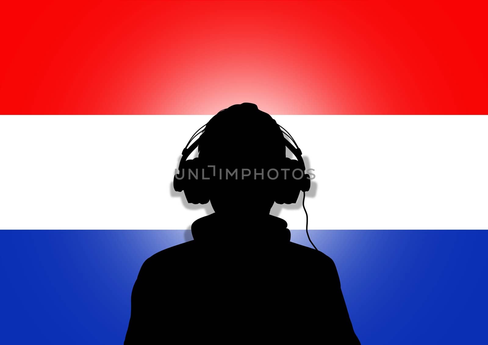 Illustration of a person wearing headphones in-front of the flag of The Netherlands