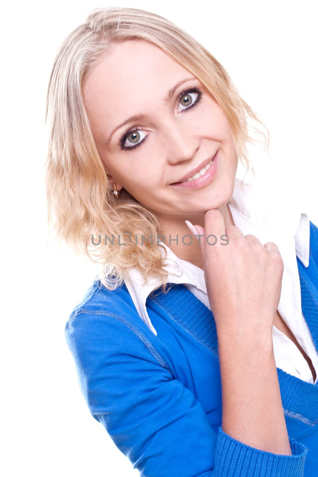 business woman in a blue jacket on a white background
