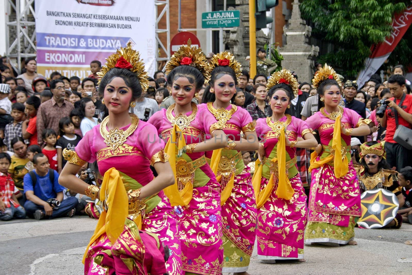 Balinese dancing performance on the street at Gajah Mada Town Festival, Bali, on December 28, 2008. It is a inspirational memories of Denpasar town,