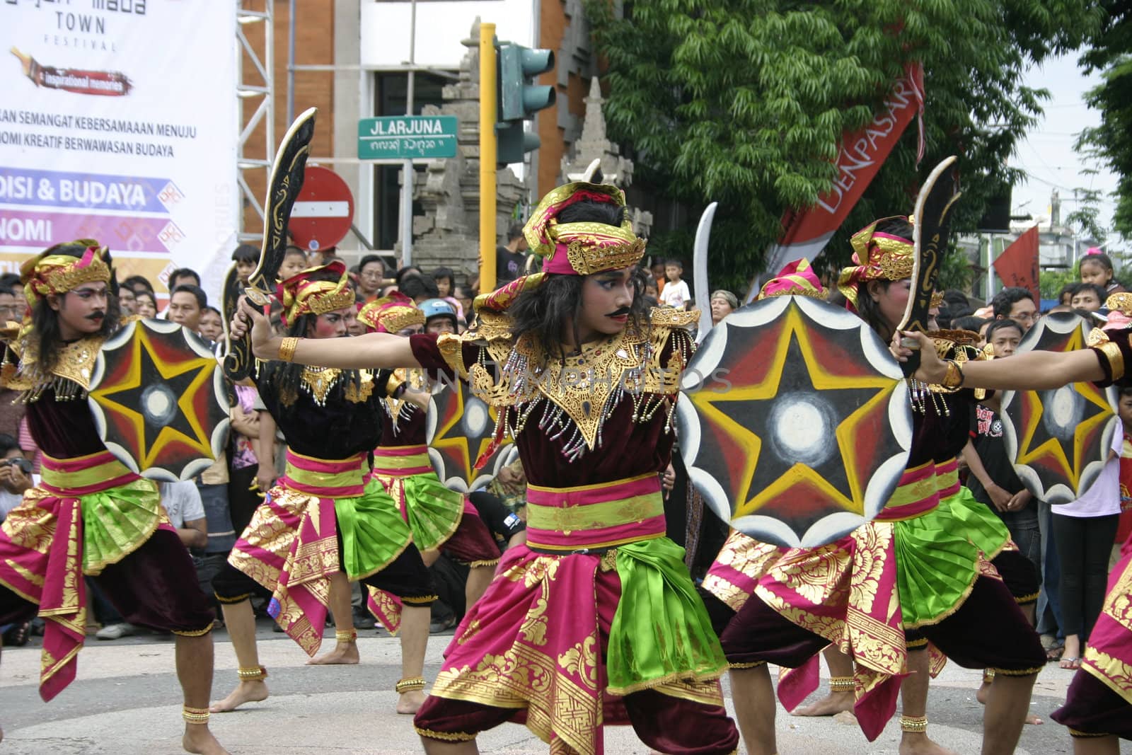 Balinese dancing performance on the street at Gajah Mada Town Festival, Bali, on December 28, 2008. It is a inspirational memories of Denpasar town,