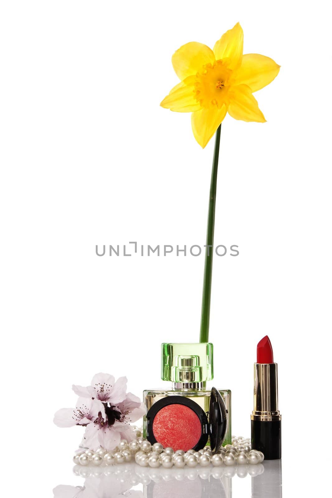 Pearls beads, cosmetics and flower on white background