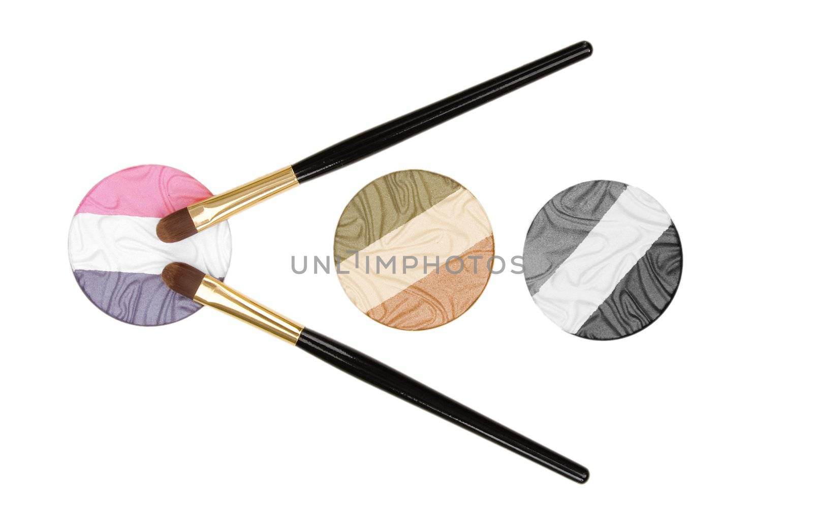 Make-up brush and powder eye shadows isolated on white background