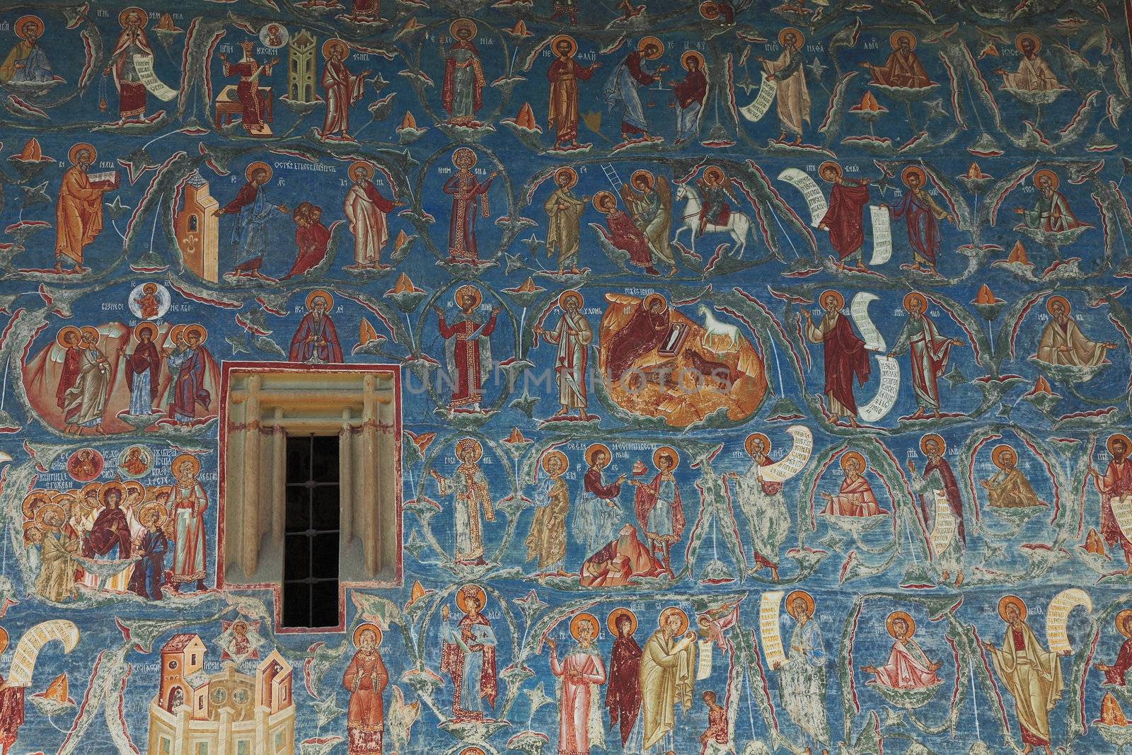 Wall detail at Voronet Monastery,Moldavia,Romania.The frescoes at Voronet feature an intense shade of blue known in Romania as "Voronet blue"