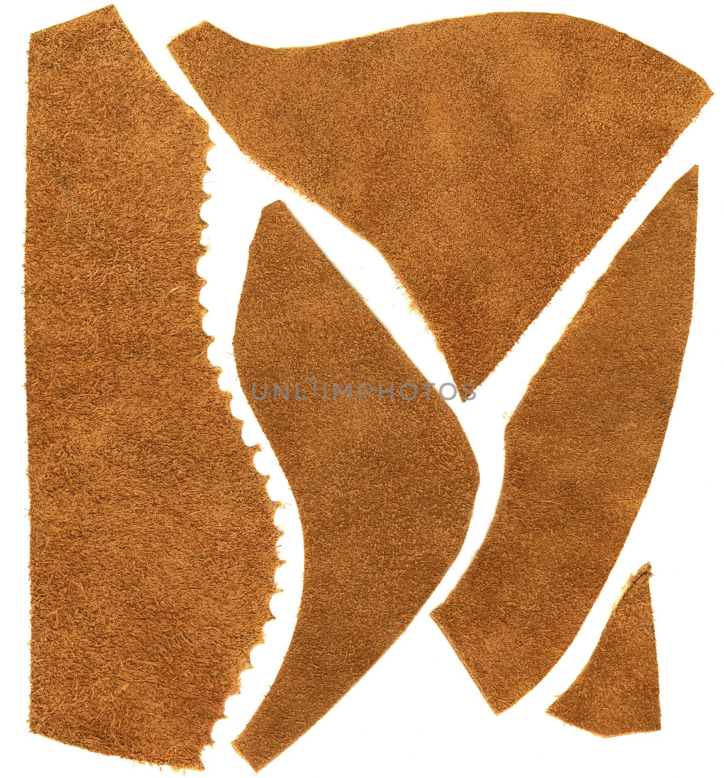 soft brown leather (unfinished side) - scraps of different shapes and edges on white background