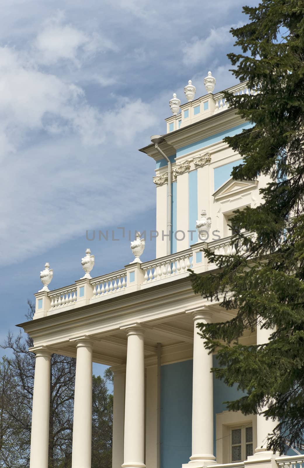 Classical building with vases and balustrade decor