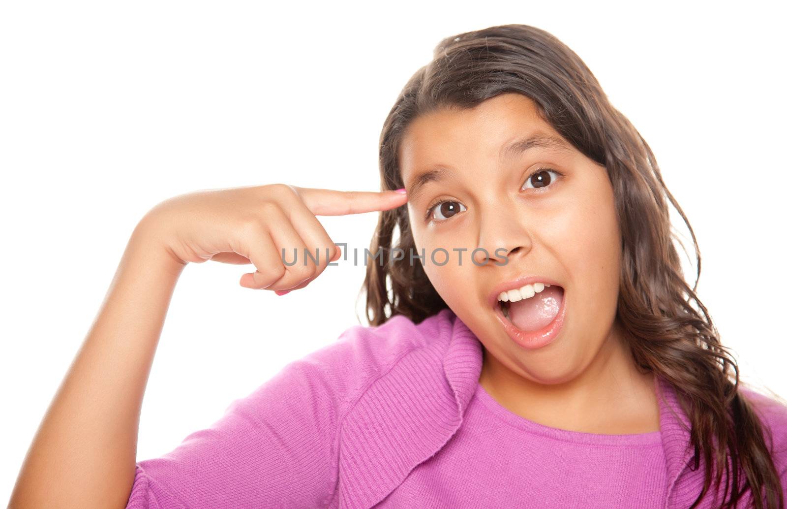 Pretty Hispanic Girl Pointing to Her Head Portrait Isolated on a White Background.