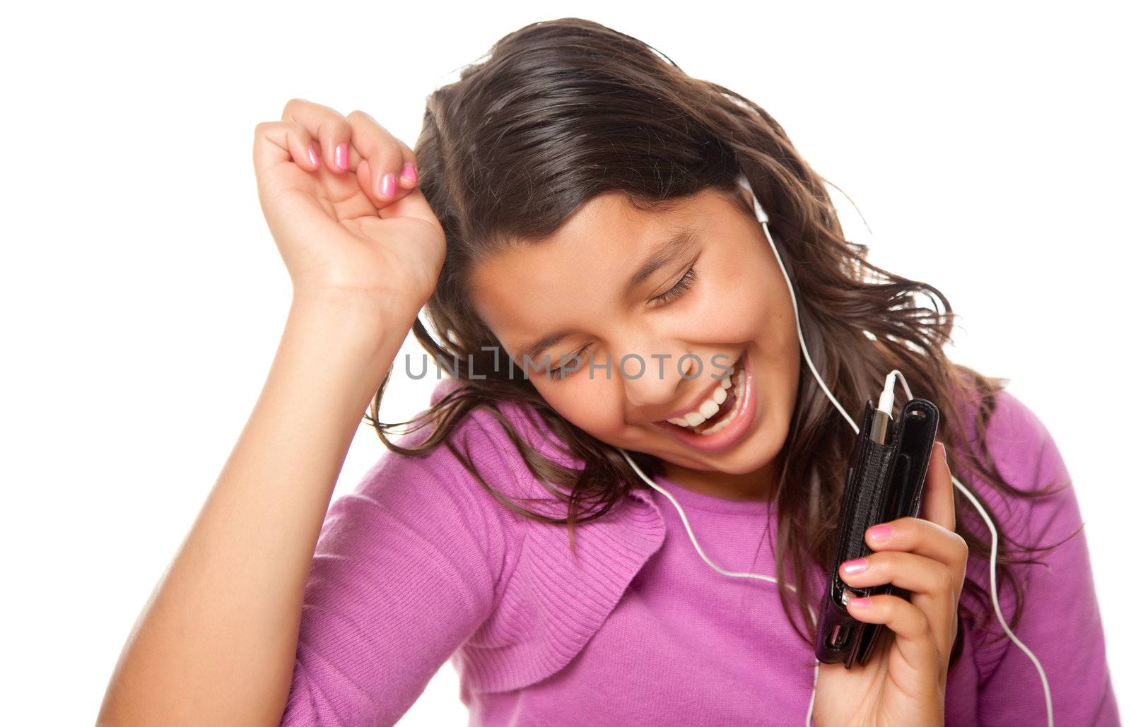 Pretty Hispanic Girl Listening and Dancing to Music Isolated on a White Background.