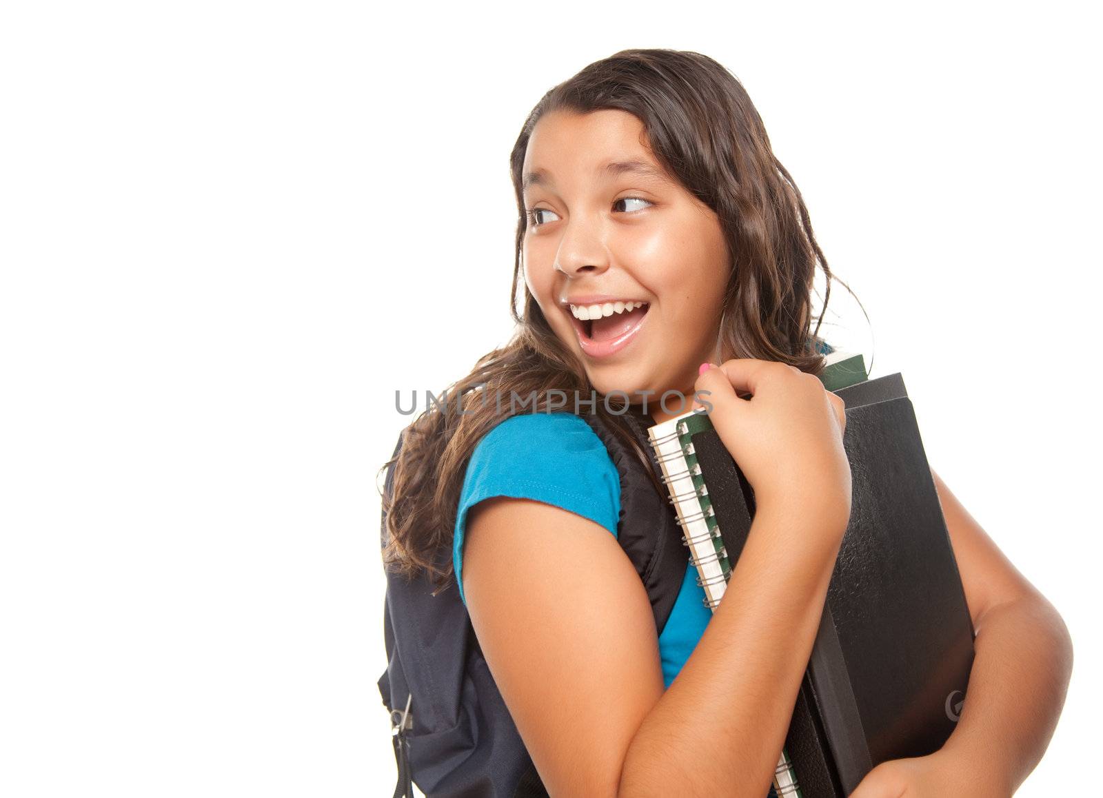 Pretty Hispanic Girl with Books and Backpack by Feverpitched