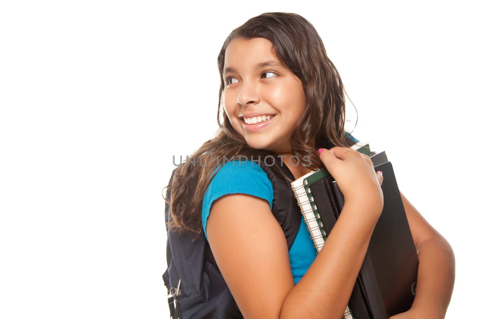 Pretty Hispanic Girl Looking Back with Books and Backpack Ready for School Isolated on a White Background.