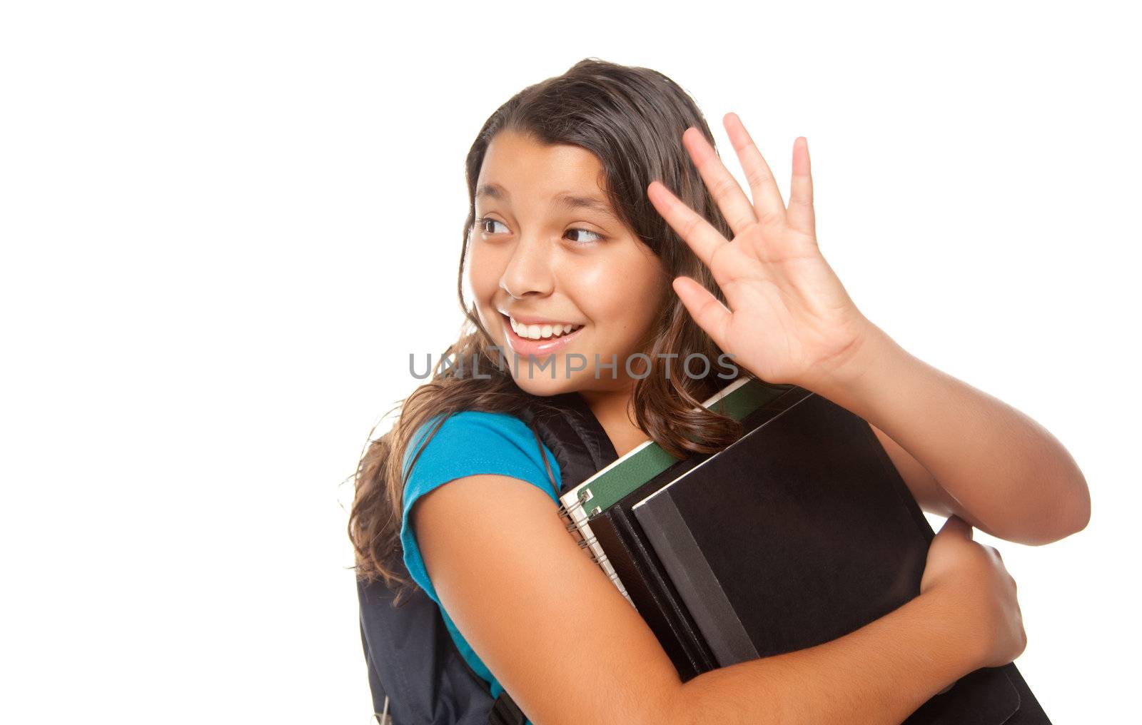 Pretty Hispanic Girl Waving with Books and Backpack by Feverpitched