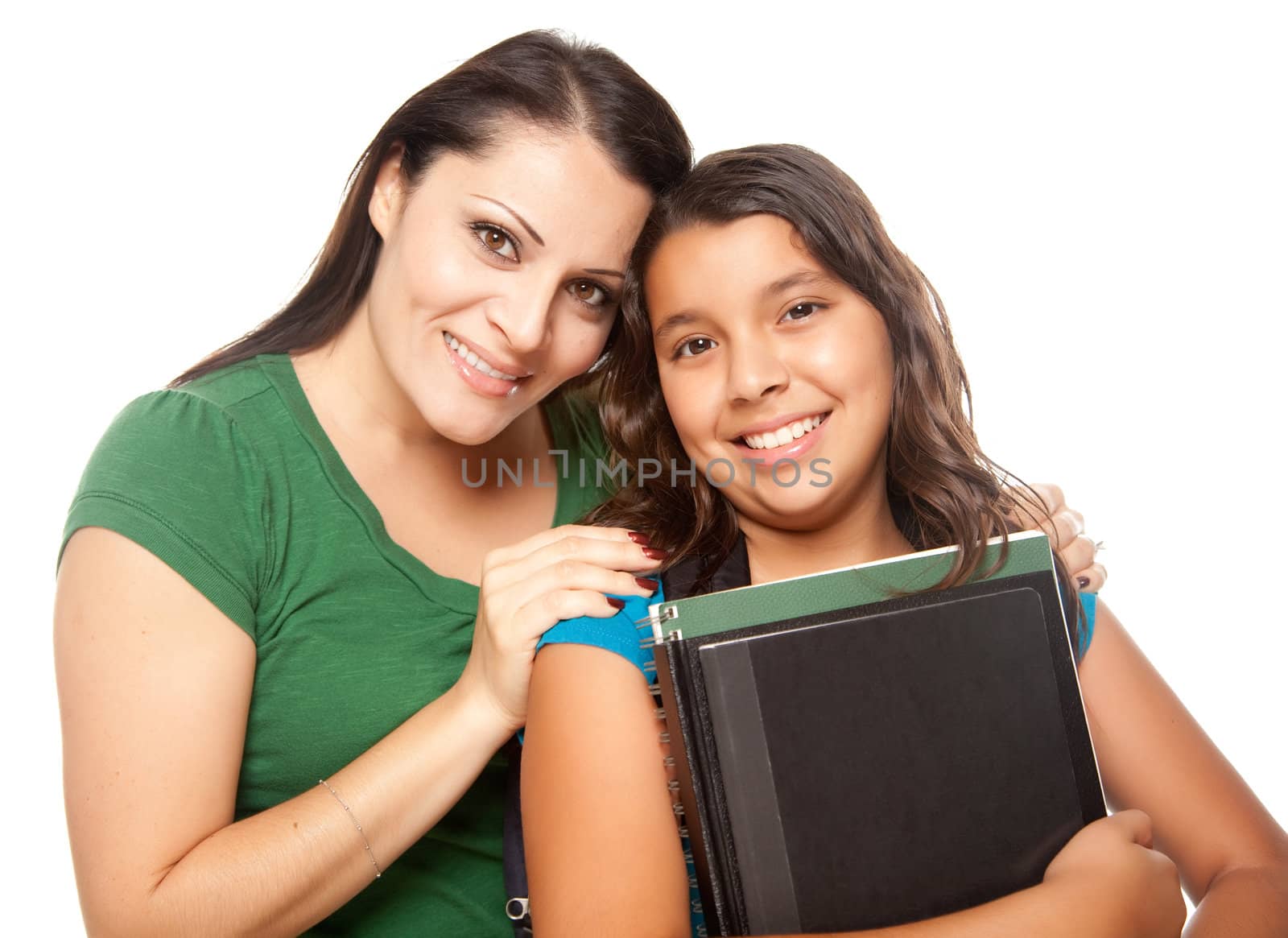 Hispanic Mother and Daughter Ready for School Isolated on a White Background.