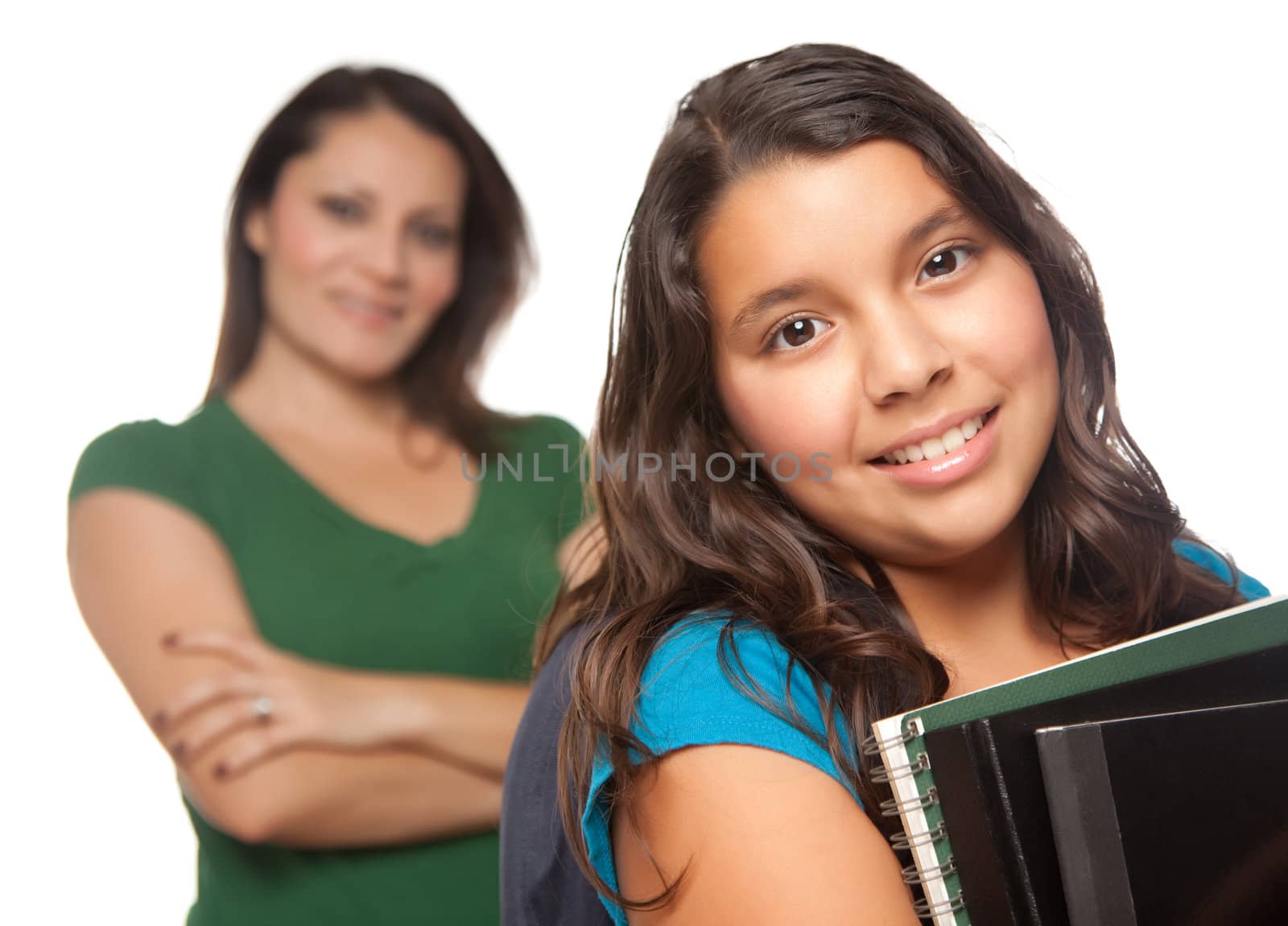 Hispanic Mother and Daughter Ready for School Isolated on a White Background.