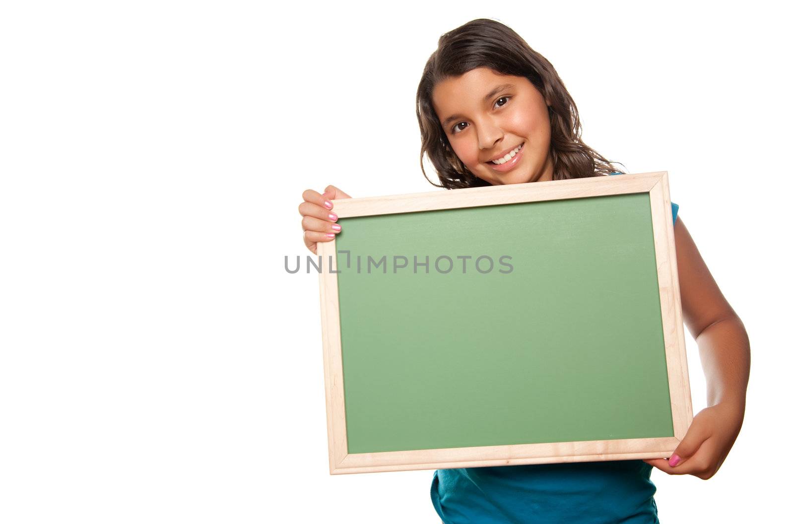 Pretty Hispanic Girl Holding Blank Chalkboard Isolated on a White Background.