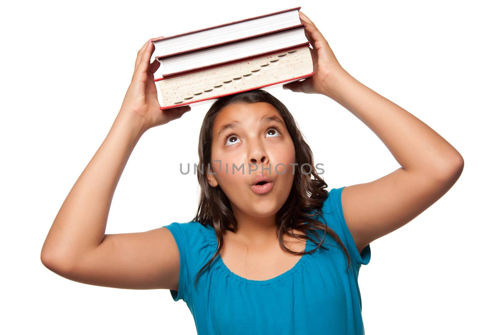 Pretty Hispanic Girl with Books on Her Head Ready for School Isolated on a White Background.