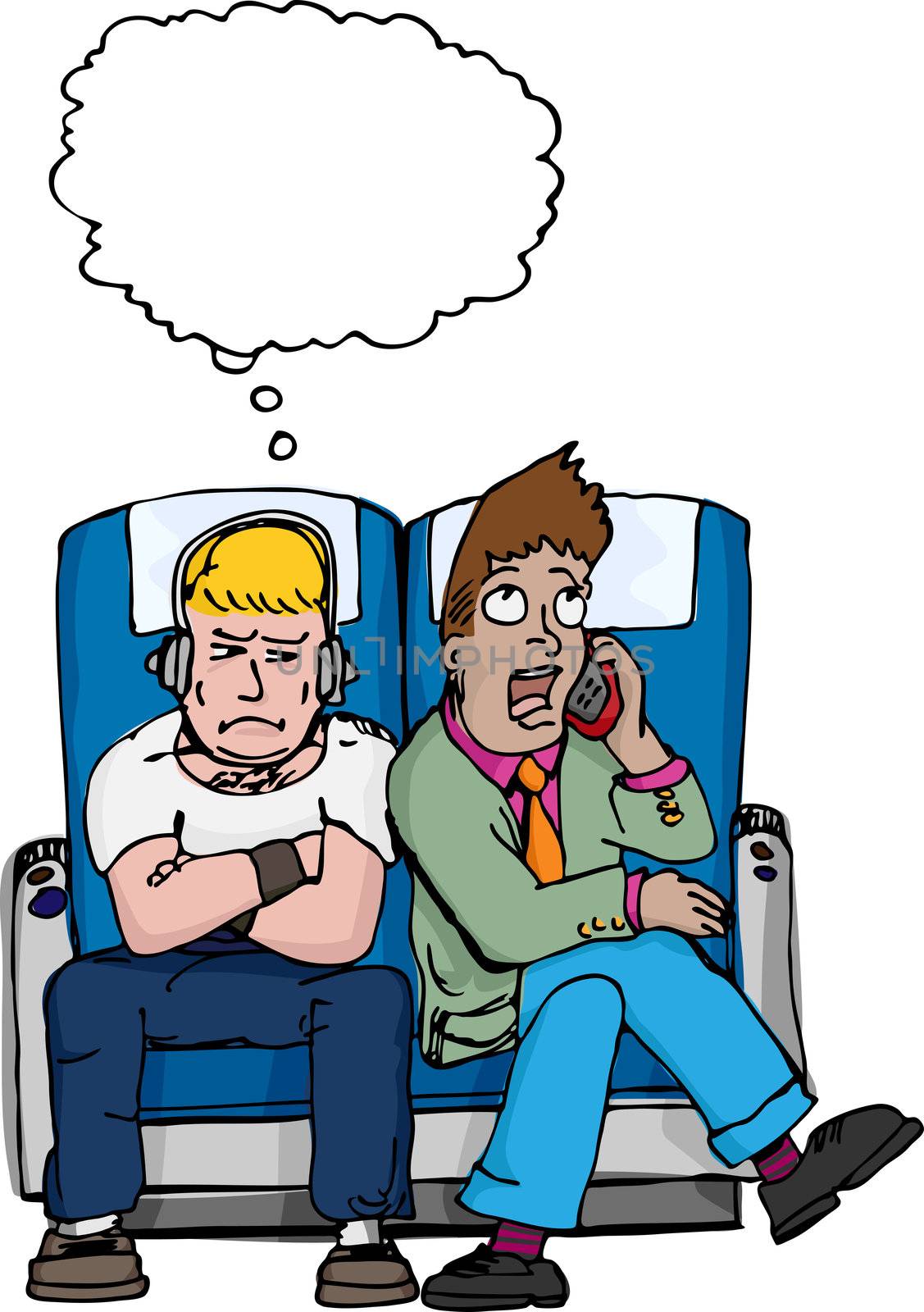 Frustrated muscular passenger with thought balloon sits next to loud man on mobile telephone.