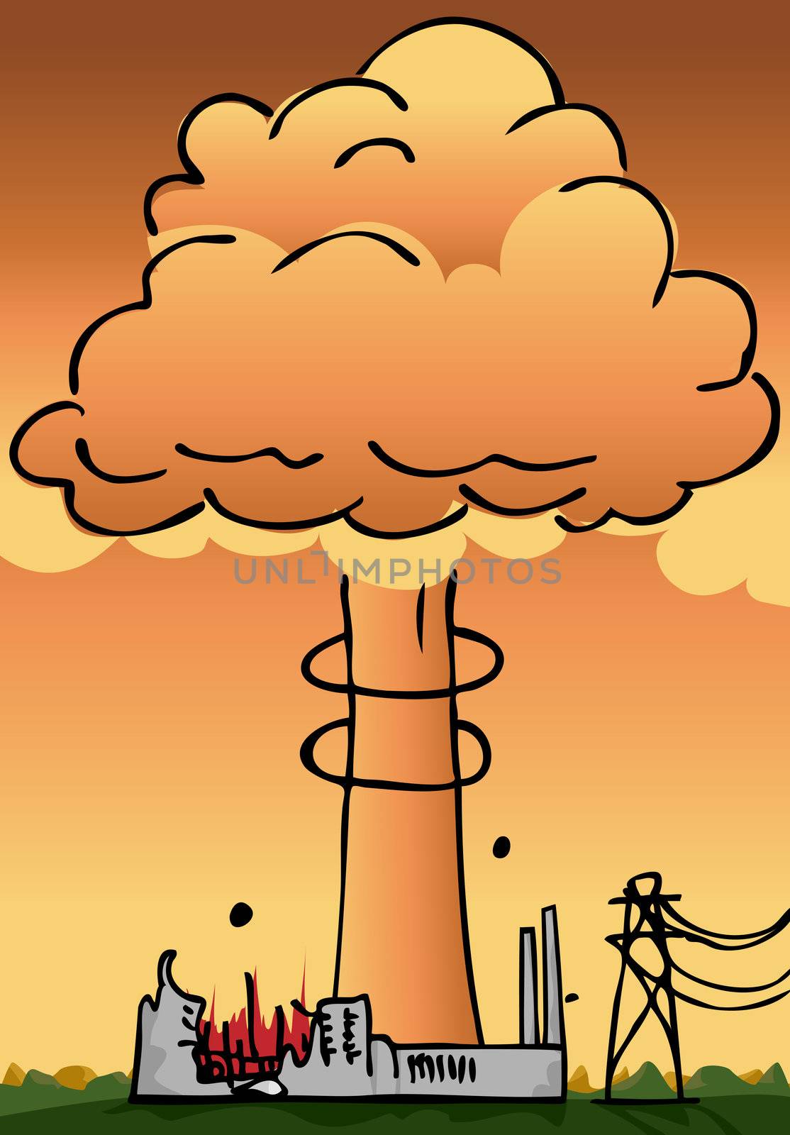 Hydrogen explosion plume rises from a nuclear power plant 