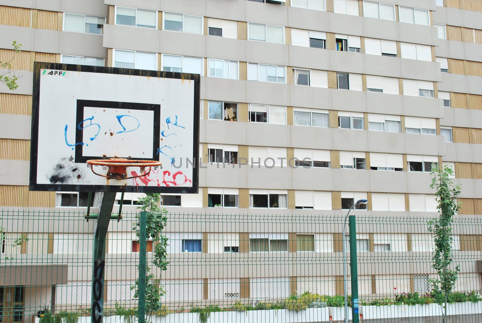 basketball court in a poor urban area