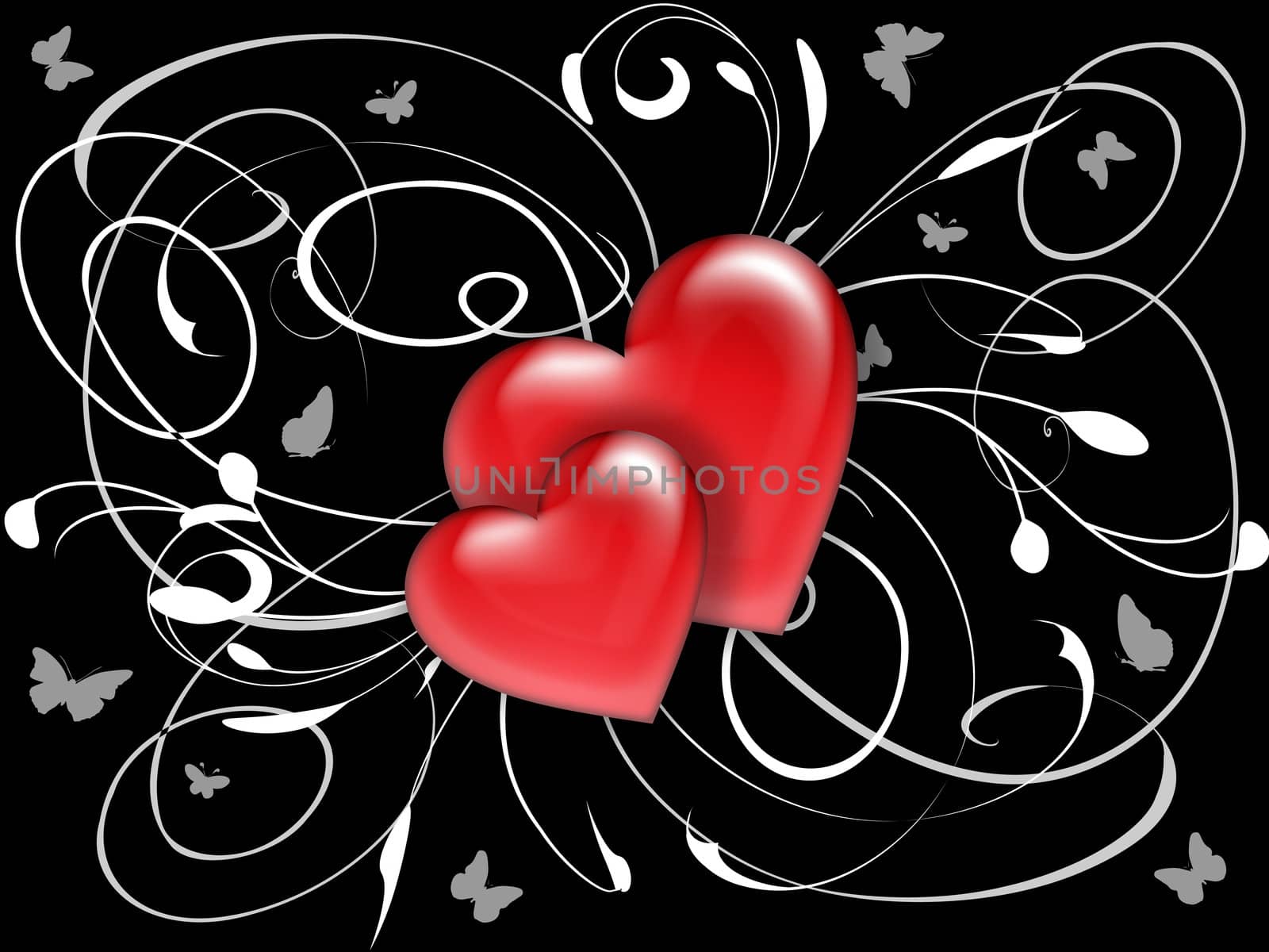 postcard or background with hearts and flowers ornaments
