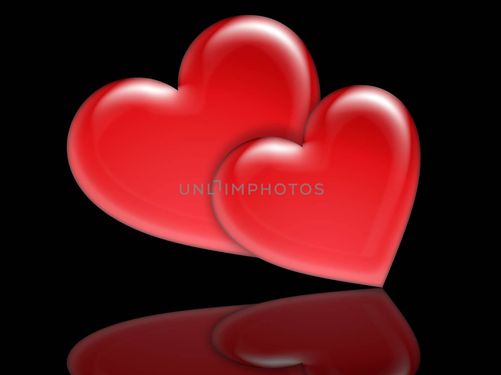 postcard or background with two hearts on a black background and reflection
