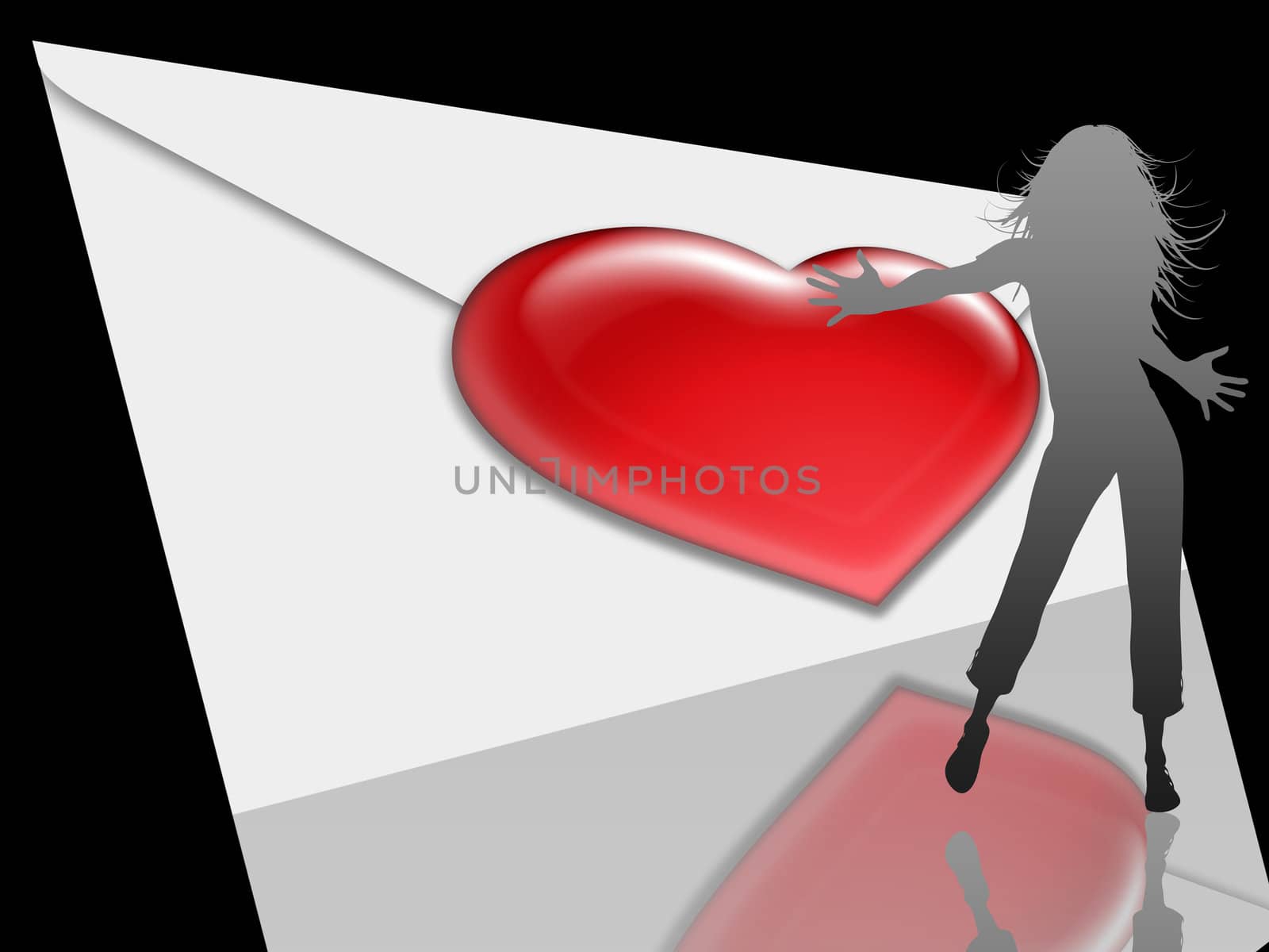 postcard or background with heart on the envelope and silhouette of woman

