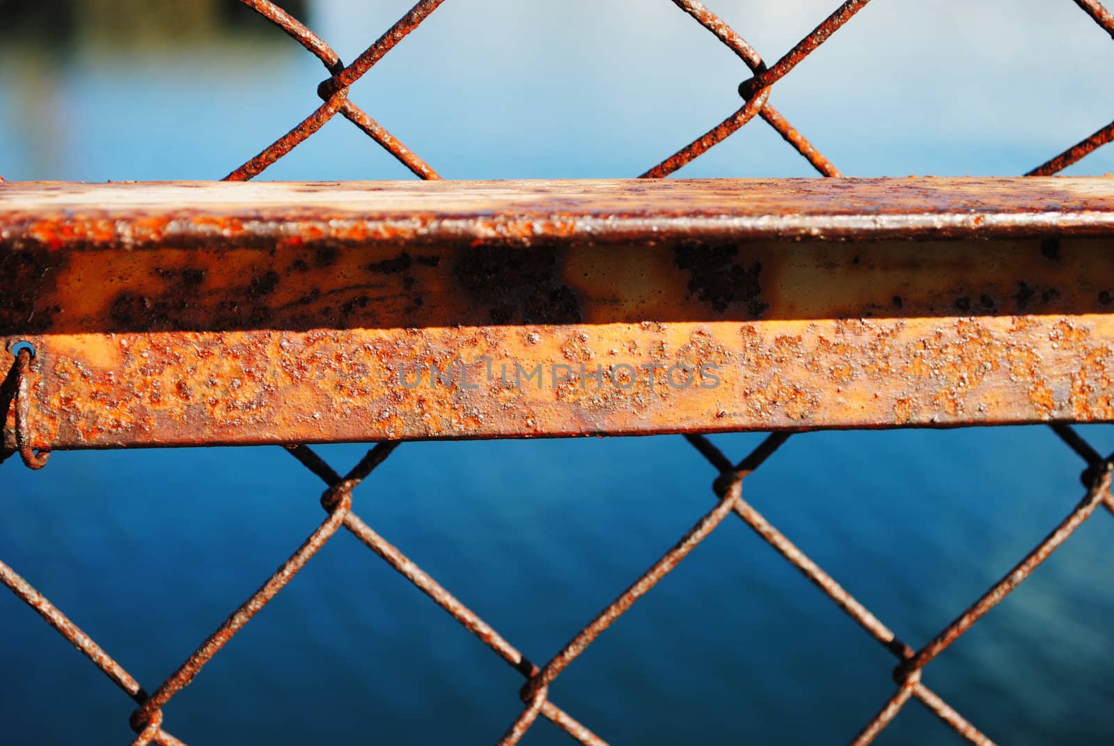 An old rusty fence with ocean in background.