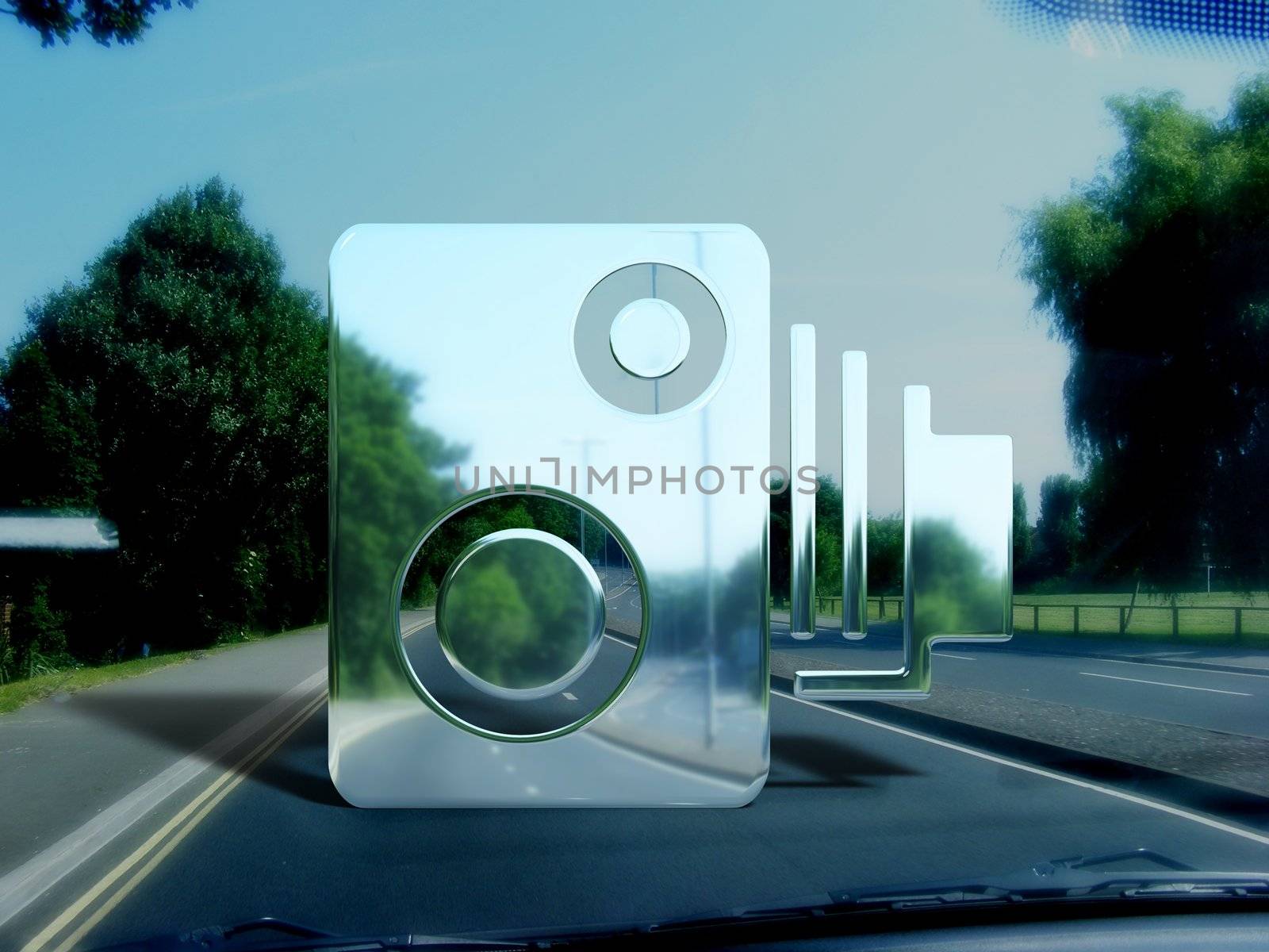View from a car window of an illustrated invisible speed camera