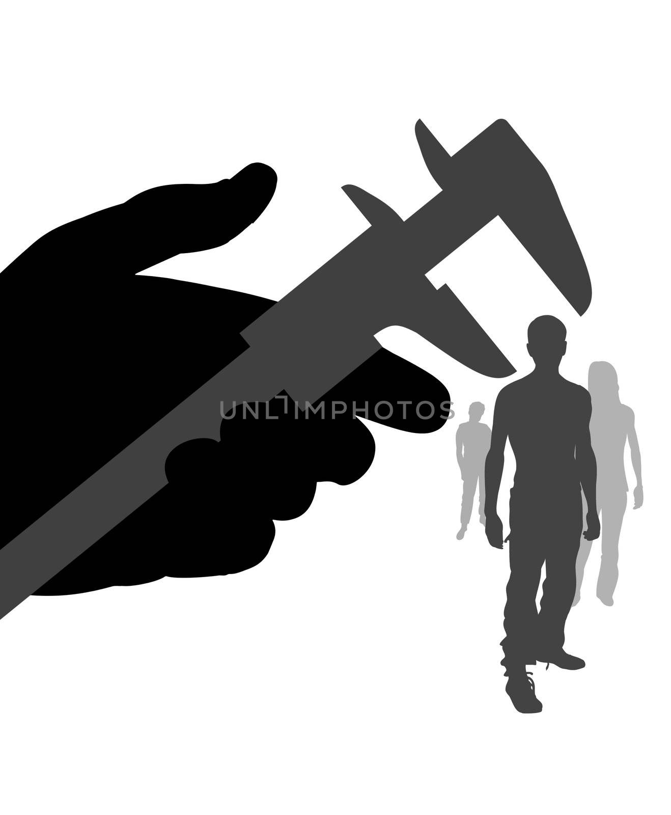 Illustration of a hand holding a measuring tool over a person head