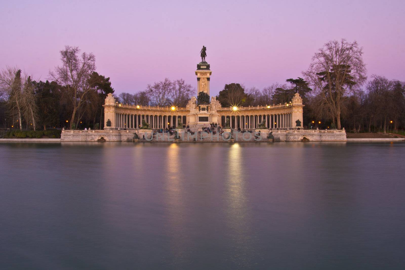 Evening long exposure shot of the memorial in Retiro city park, Madrid, Spain