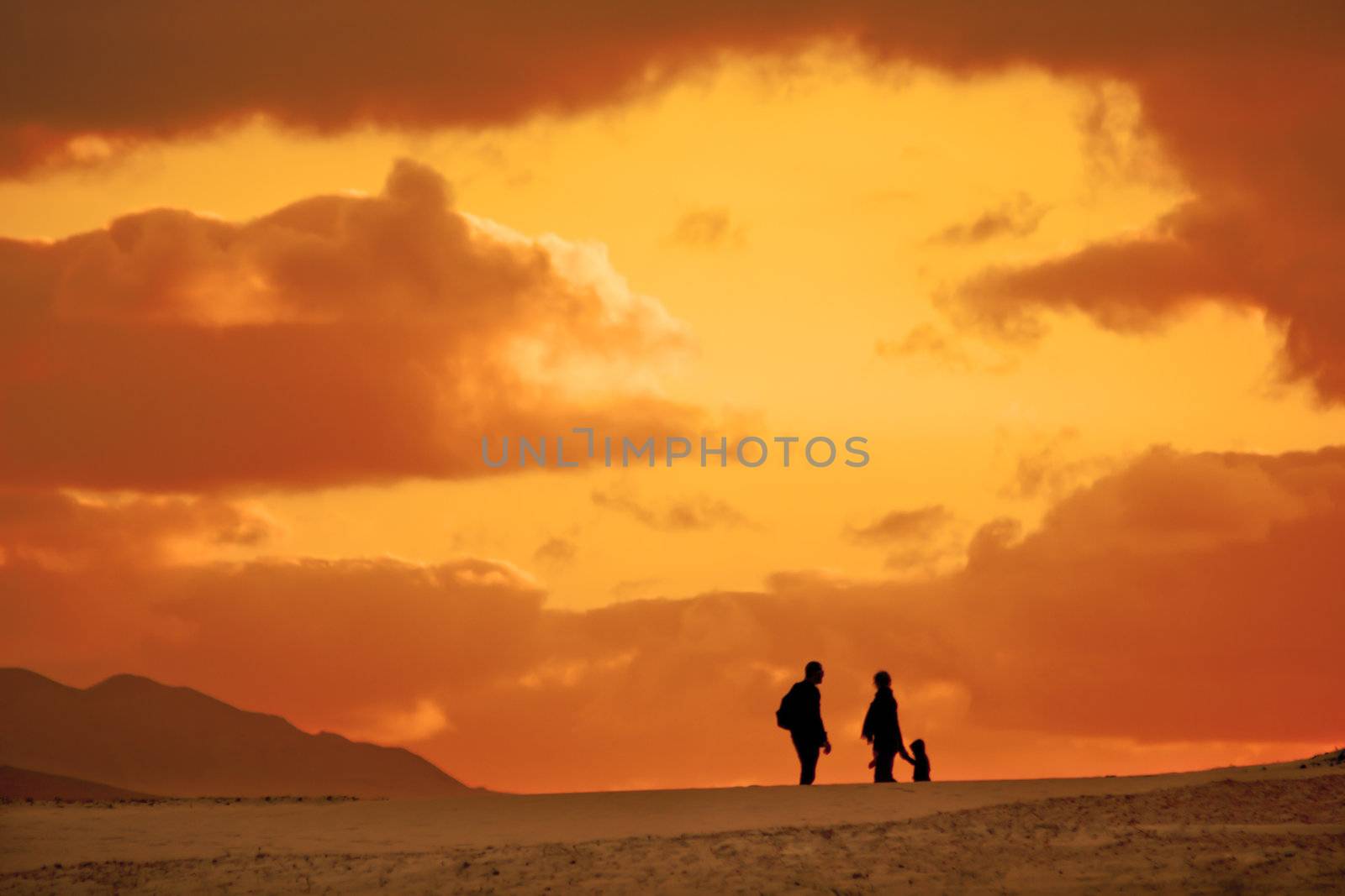 Silhouette of the family on their evening trip in the desert